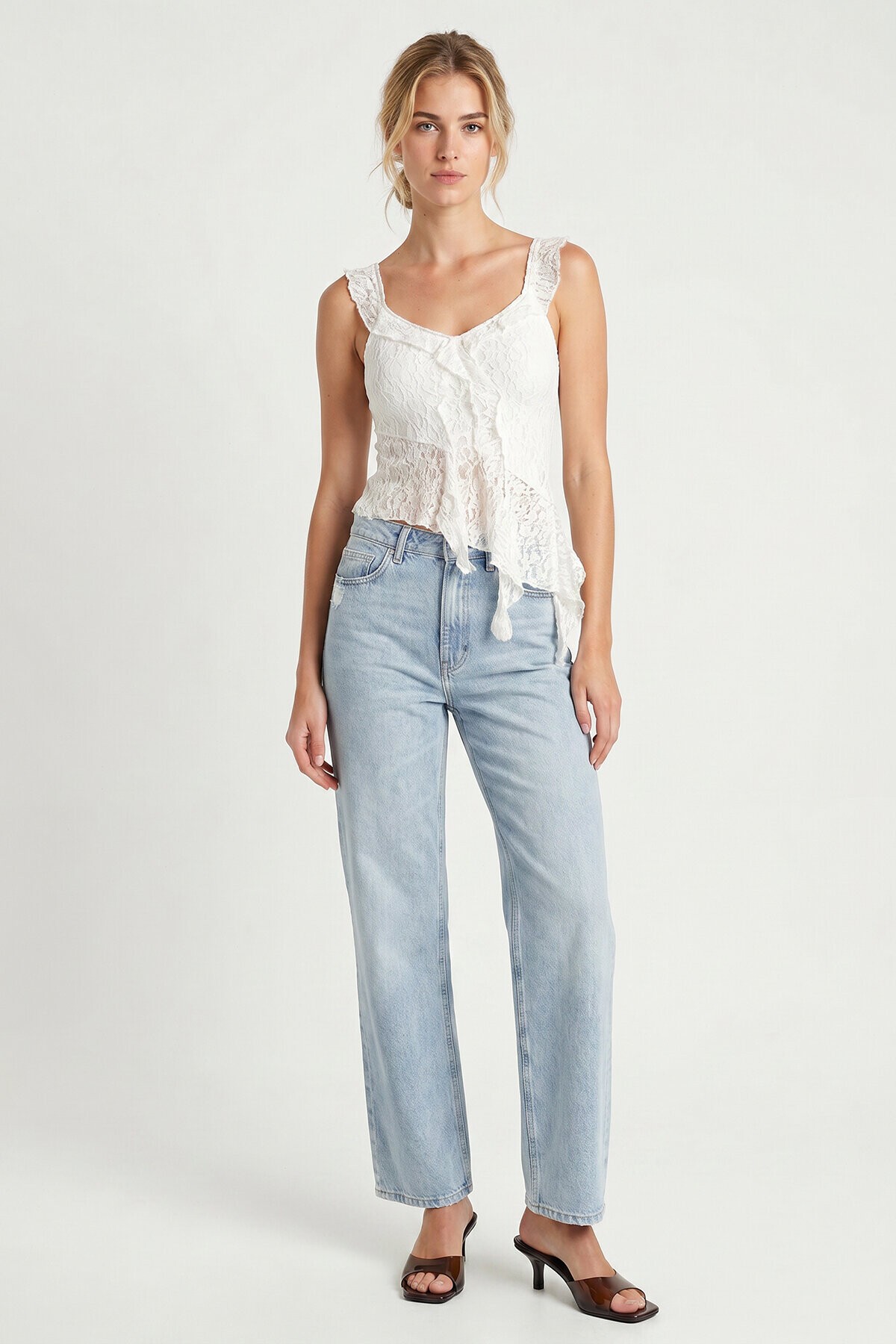 Asimetrik Dantelli Transparan Bluz BEYAZ LFW0029