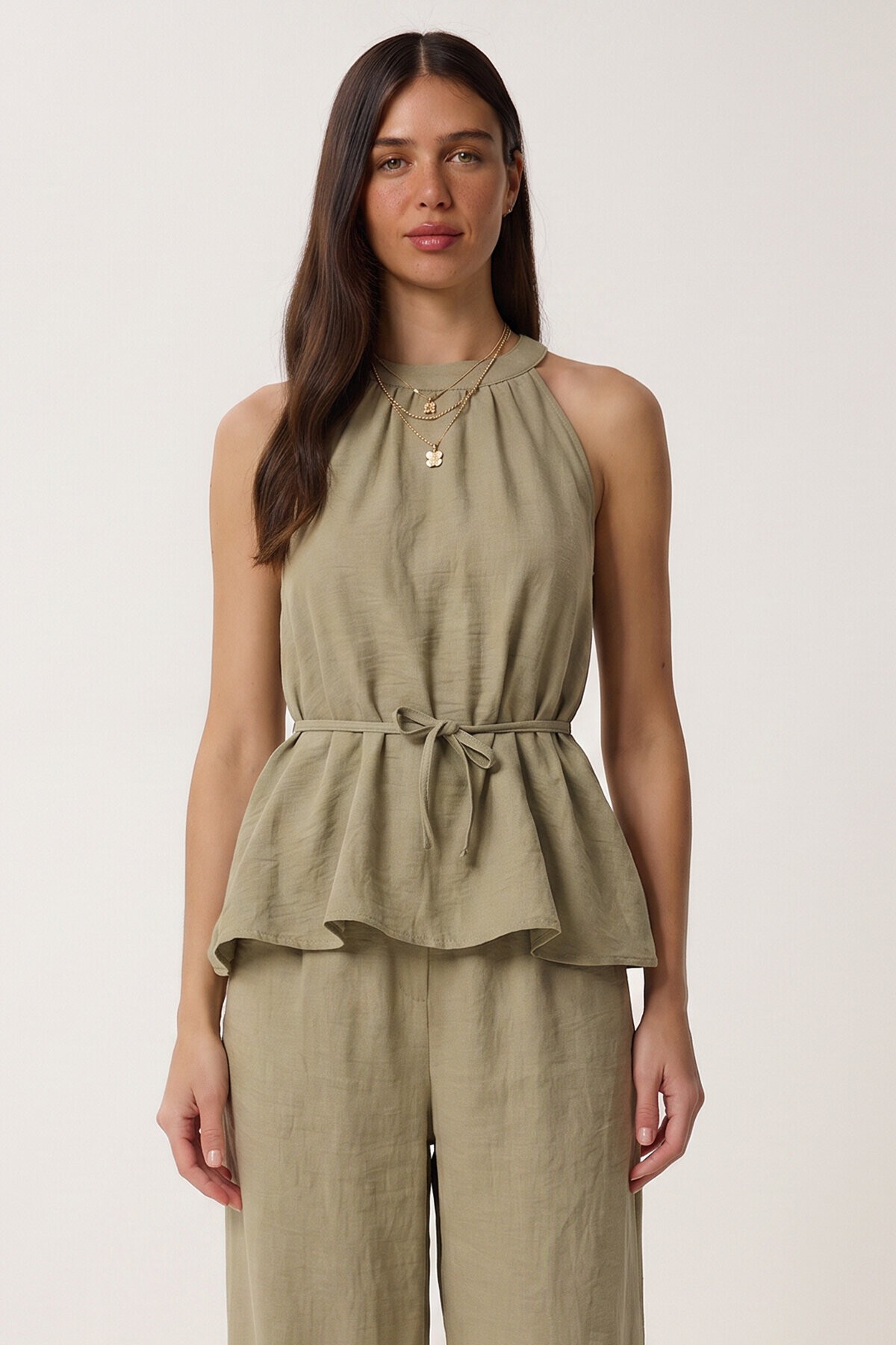 Bağlama Detaylı Bluz Pantolon Keten Takım ZEYTİN YEŞİLİ LBY0052