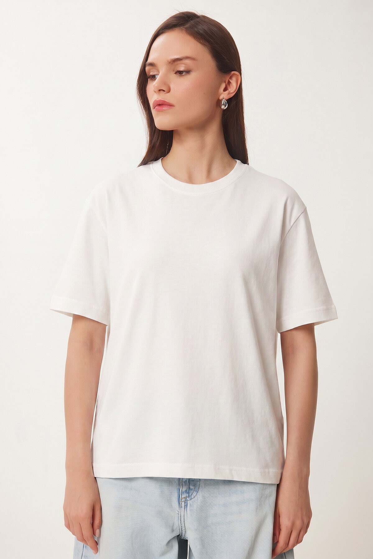 Basic Pamuklu Örme T-shirt EKRU LUS0094