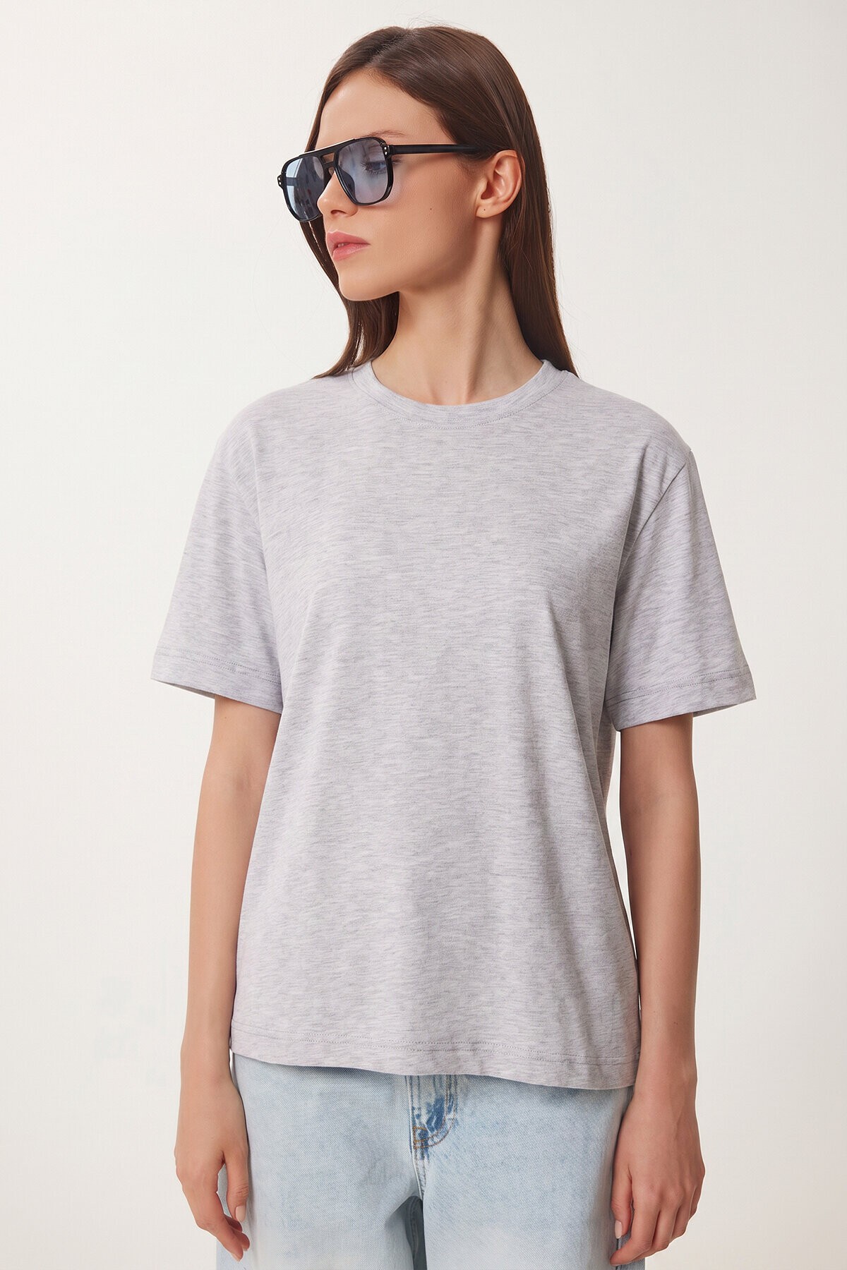 Basic Pamuklu Örme T-shirt GRİ MELANJ LUS0094