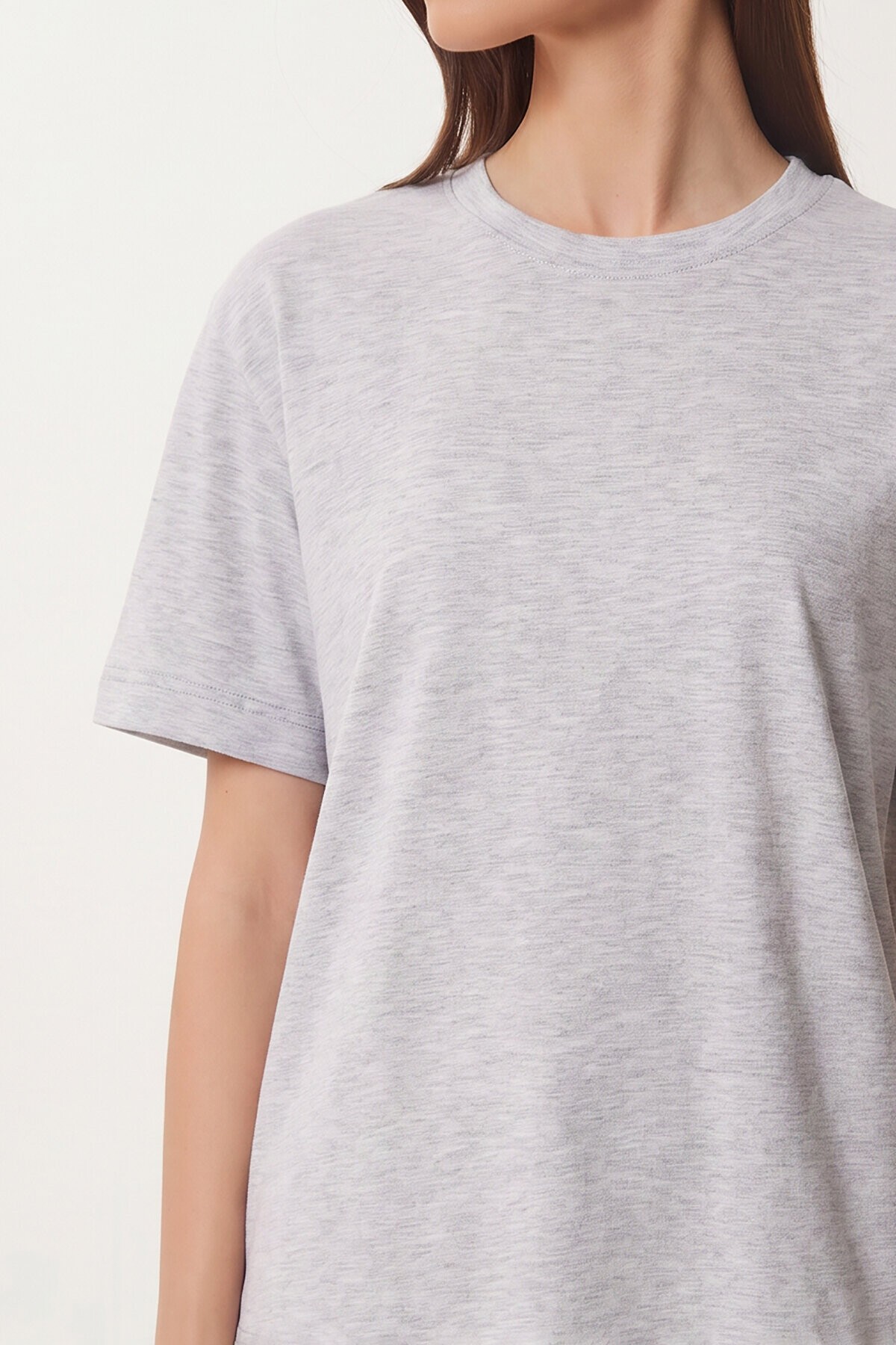 Basic Pamuklu Örme T-shirt GRİ MELANJ LUS0094