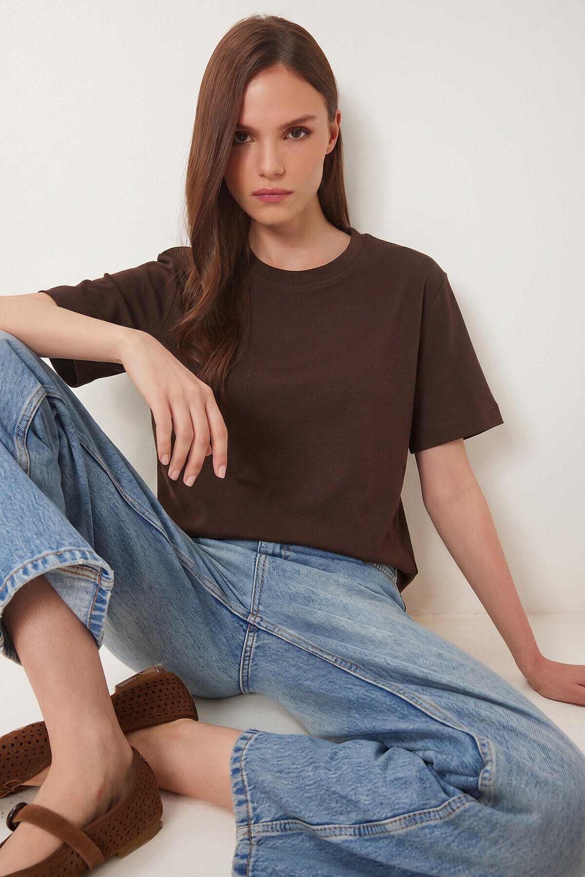 Basic Pamuklu Örme T-shirt KAHVERENGİ LUS0094