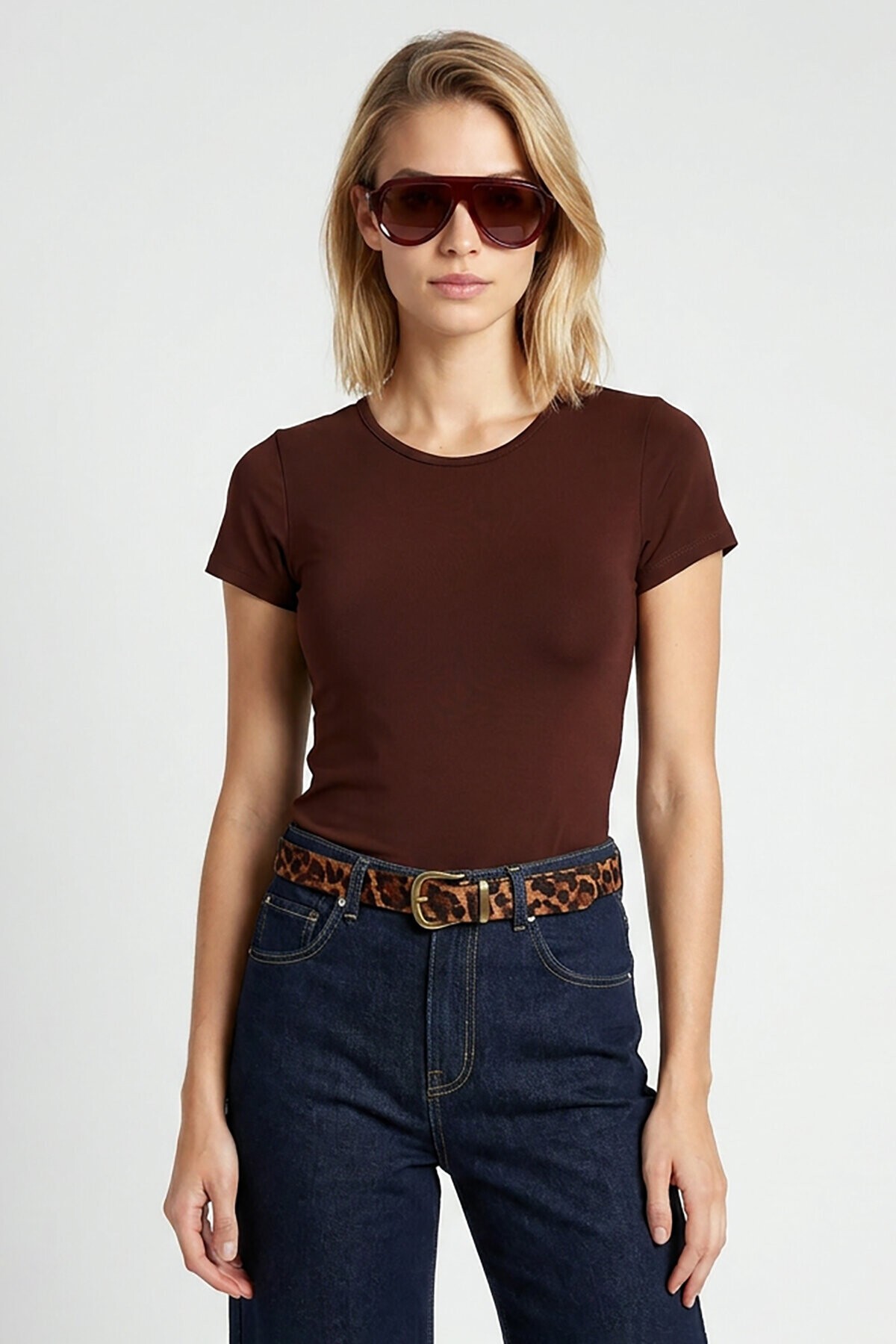 Basic Sandy Örme T-shirt KAHVERENGİ LZV0075