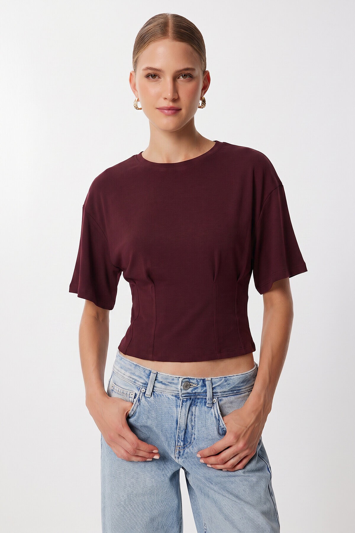 Bele Oturan Pamuklu Örme Bluz MÜRDÜM LUB0356