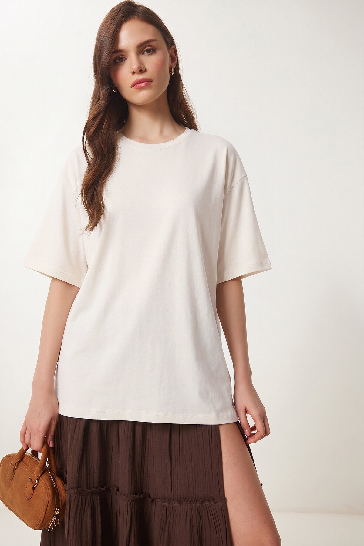 Bisiklet Yaka Oversize Uzun T-shirt EKRU LRN0052