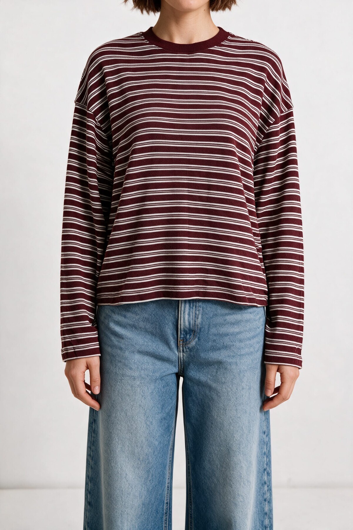 Çizgili Oversize Örme Sweatshirt BORDO BEYAZ LUB0395