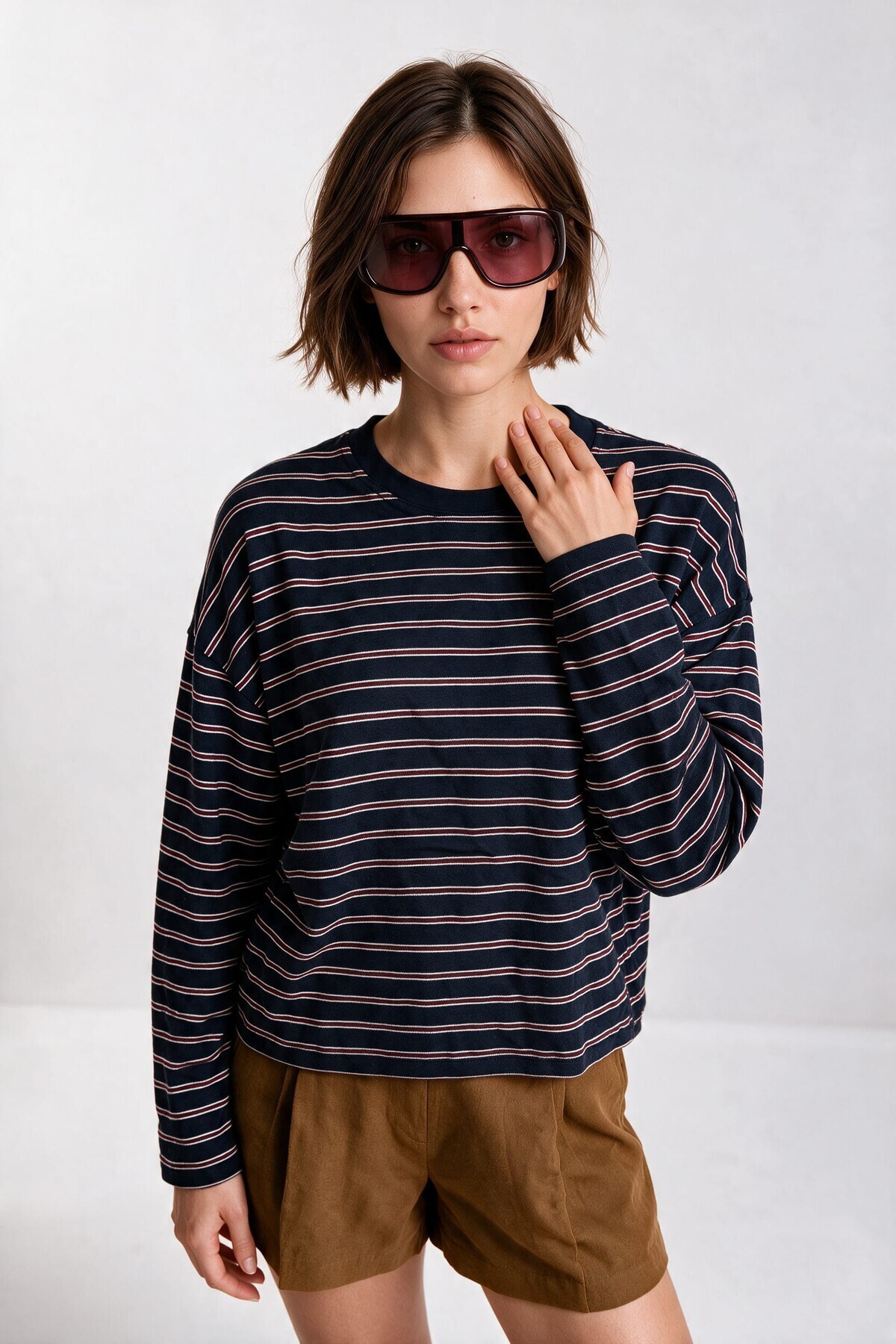 Çizgili Oversize Örme Sweatshirt LACİVERT BORDO LUB0395