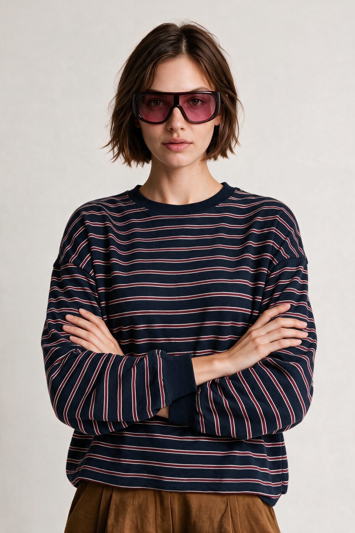 Çizgili Oversize Örme Sweatshirt LACİVERT BORDO LUB0395
