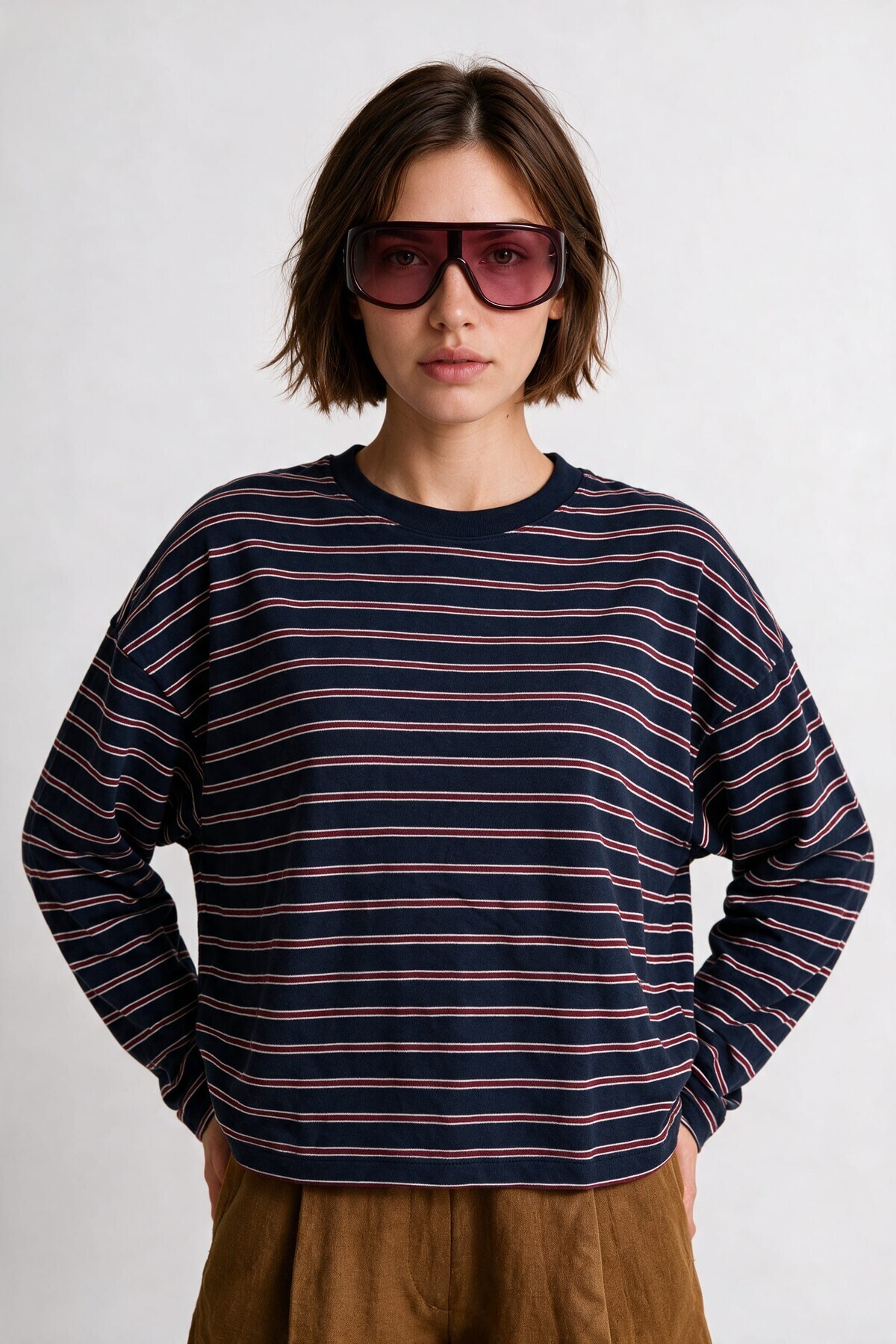 Çizgili Oversize Örme Sweatshirt LACİVERT BORDO LUB0395