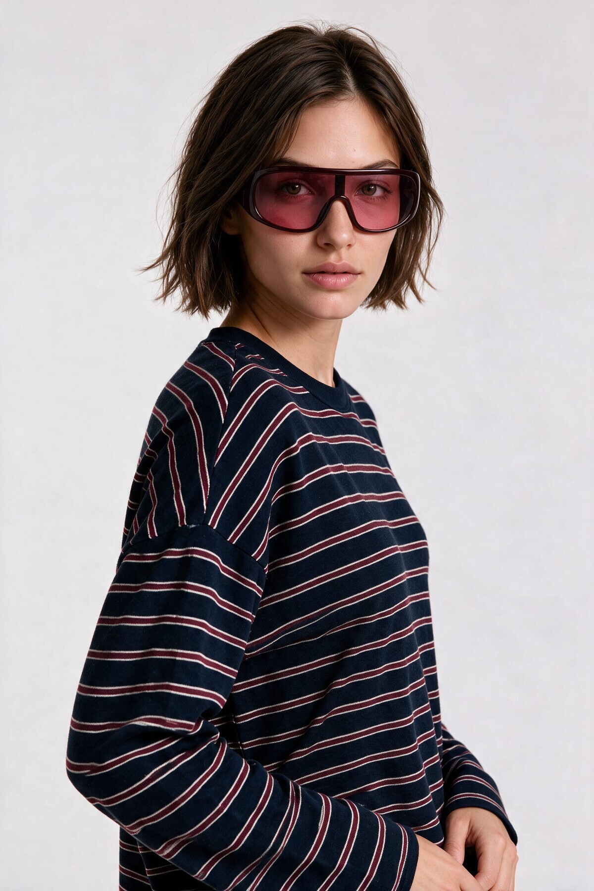 Çizgili Oversize Örme Sweatshirt LACİVERT BORDO LUB0395