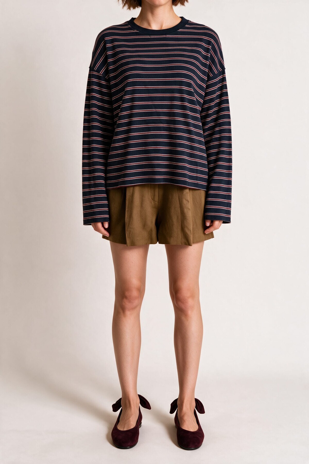Çizgili Oversize Örme Sweatshirt LACİVERT BORDO LUB0395
