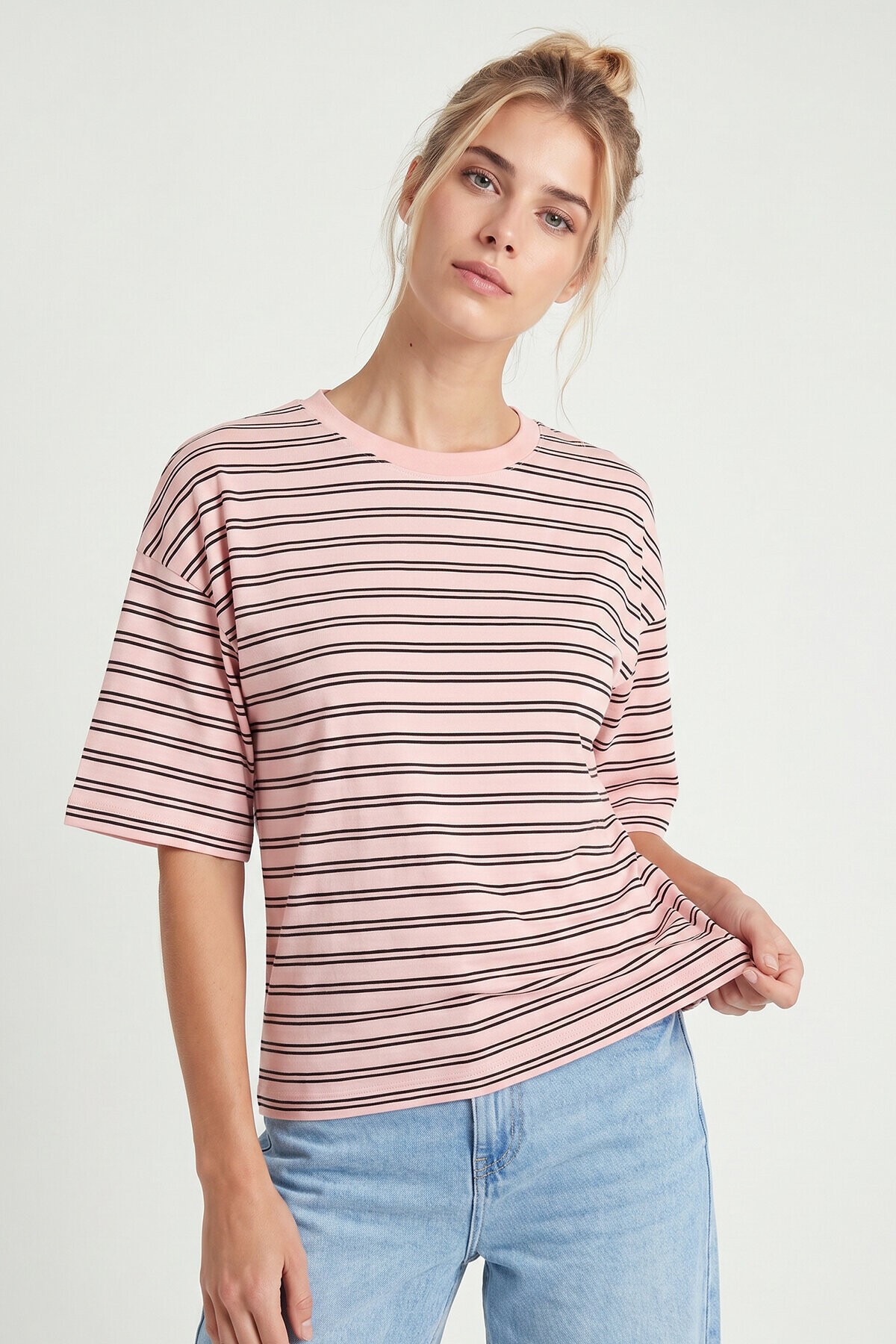 Çizgili Oversize Örme T-shirt ŞEKER PEMBE LCR0124