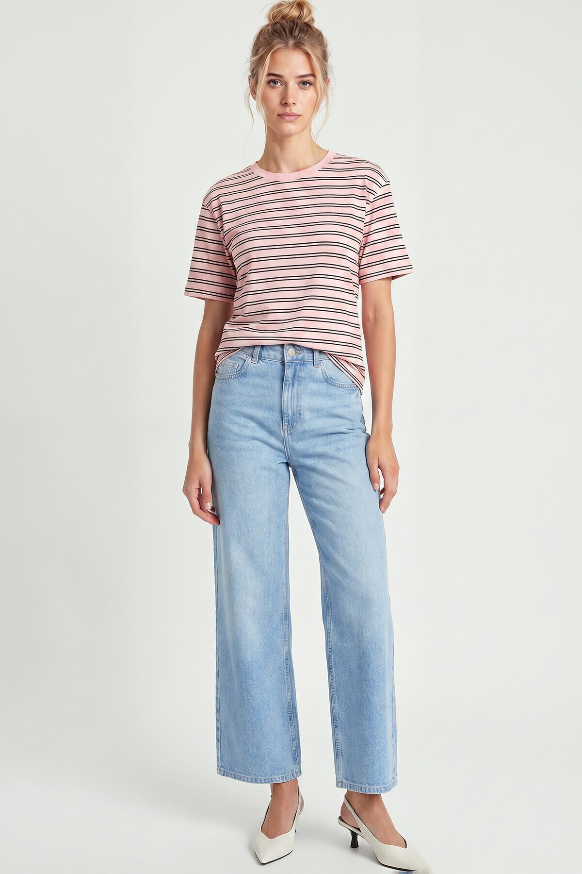 Çizgili Oversize Örme T-shirt ŞEKER PEMBE LCR0124