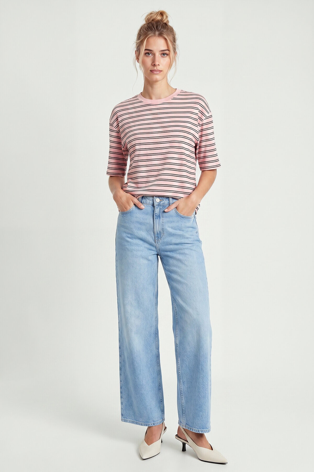 Çizgili Oversize Örme T-shirt ŞEKER PEMBE LCR0124