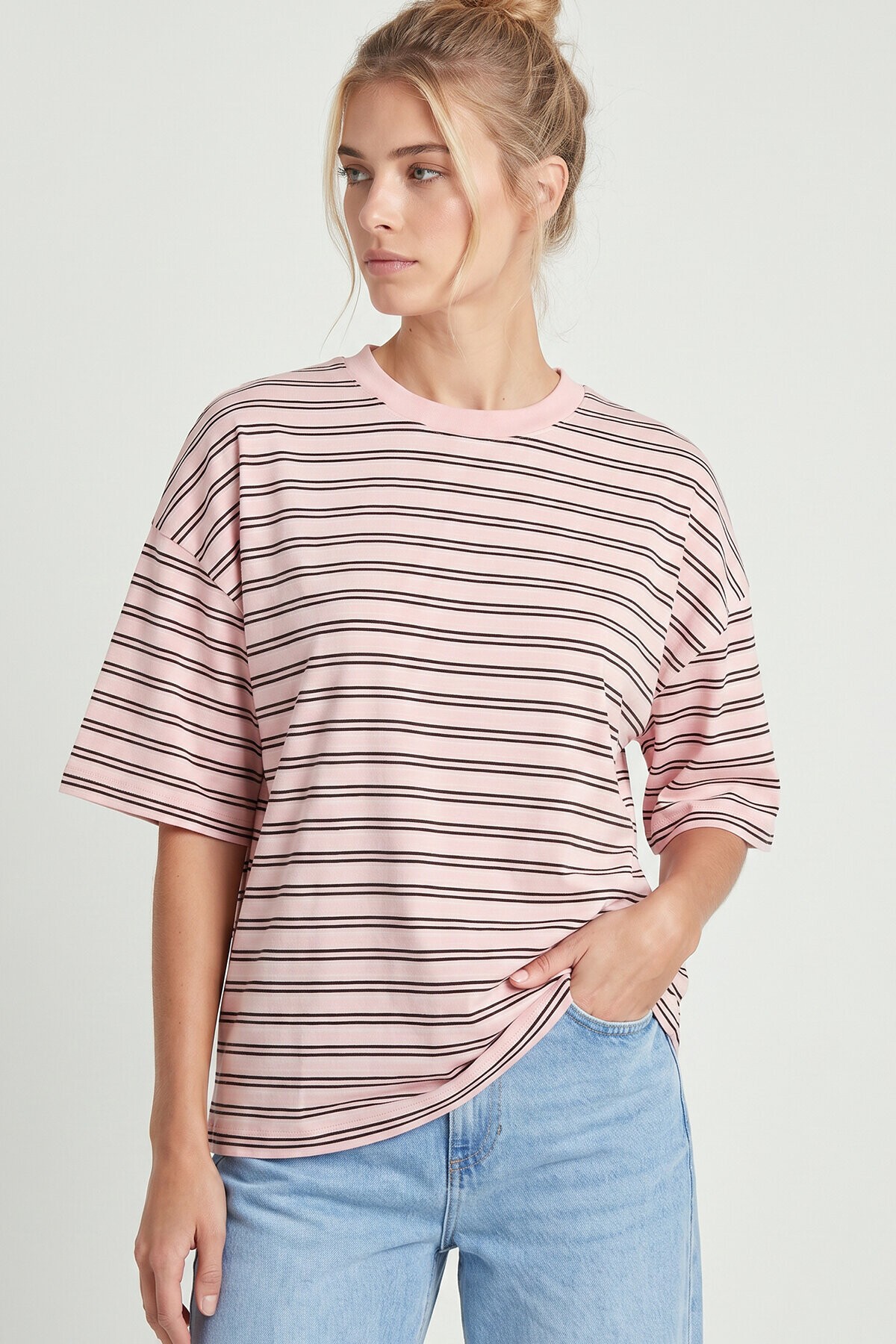 Çizgili Oversize Örme T-shirt ŞEKER PEMBE LCR0124