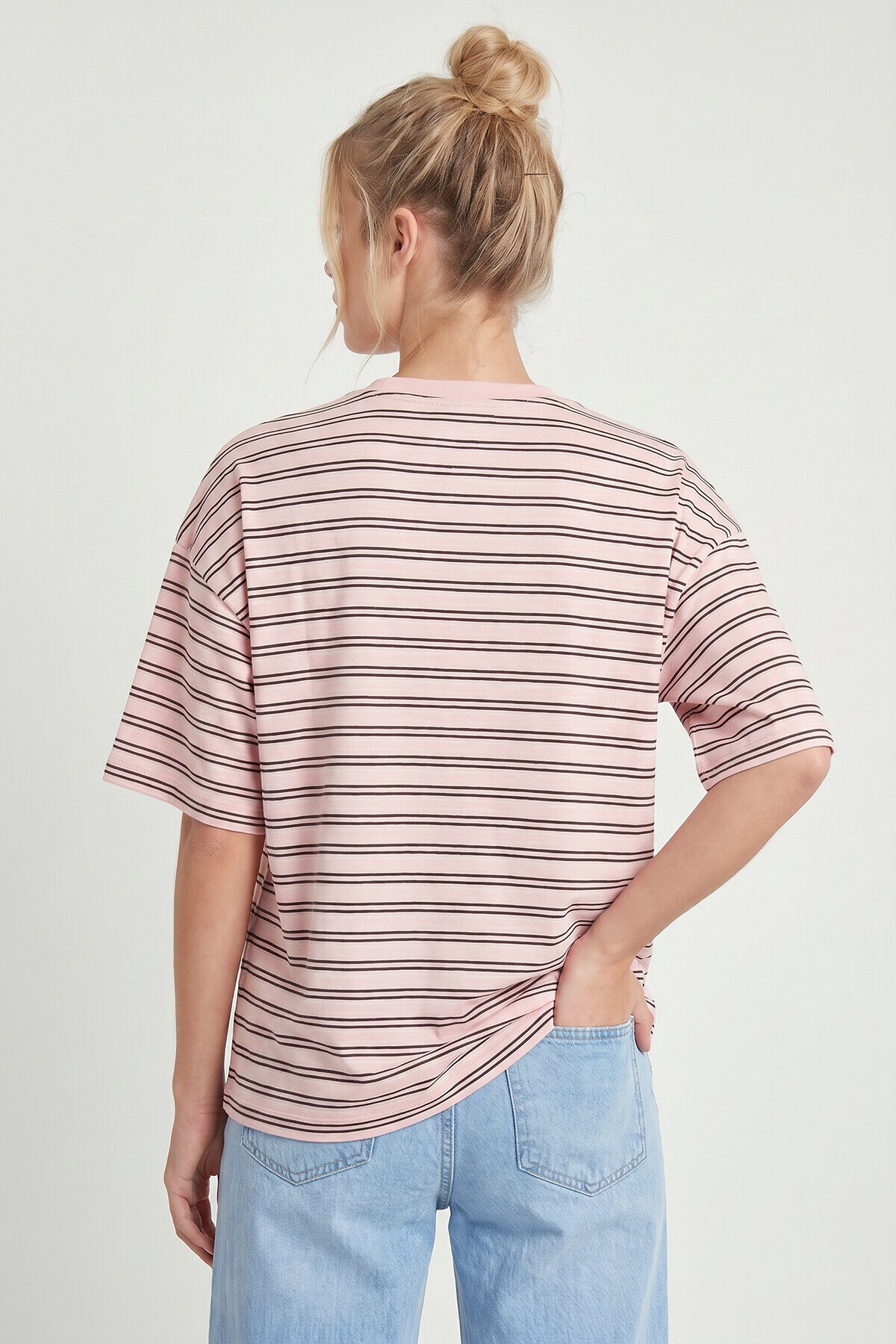 Çizgili Oversize Örme T-shirt ŞEKER PEMBE LCR0124