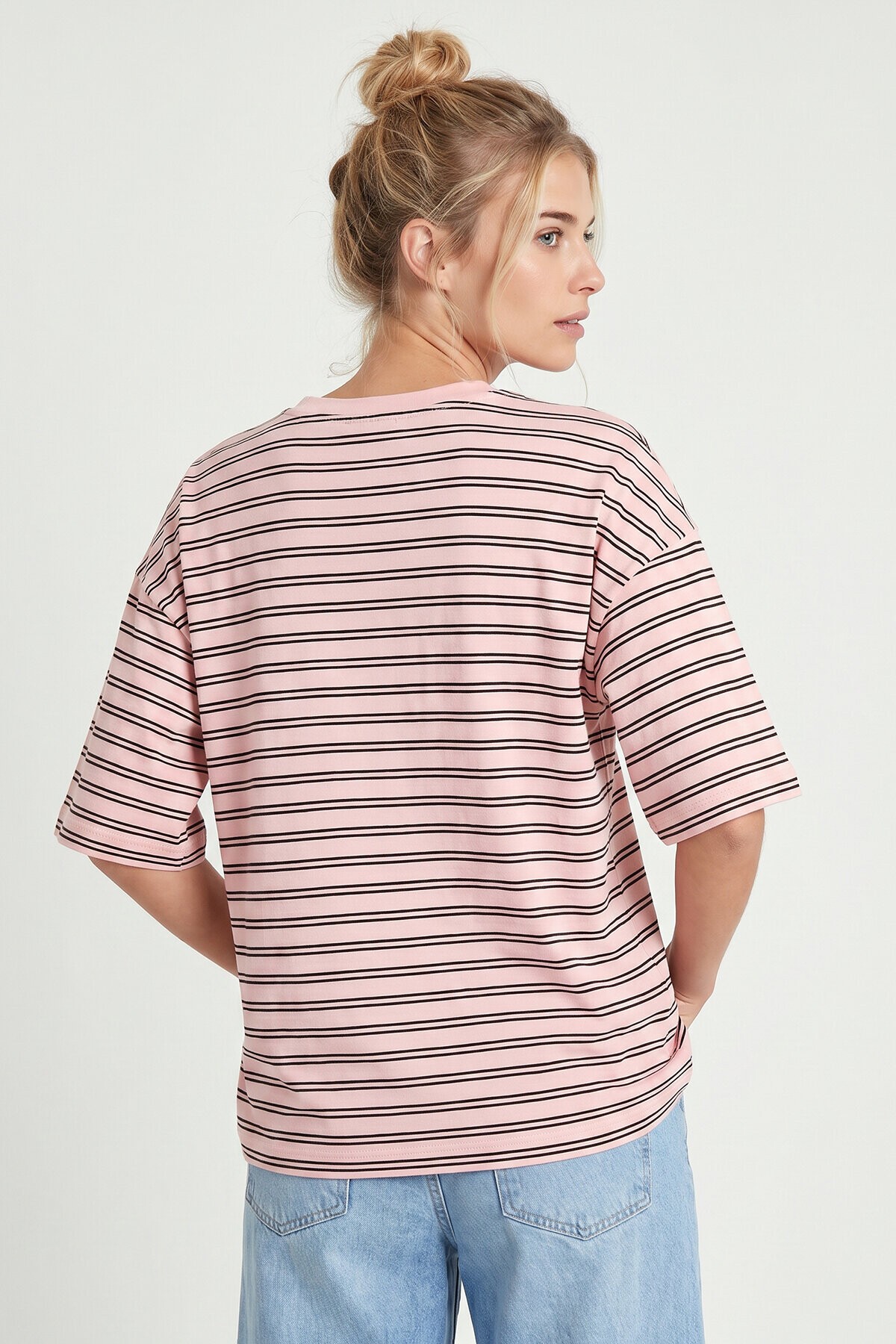 Çizgili Oversize Örme T-shirt ŞEKER PEMBE LCR0124