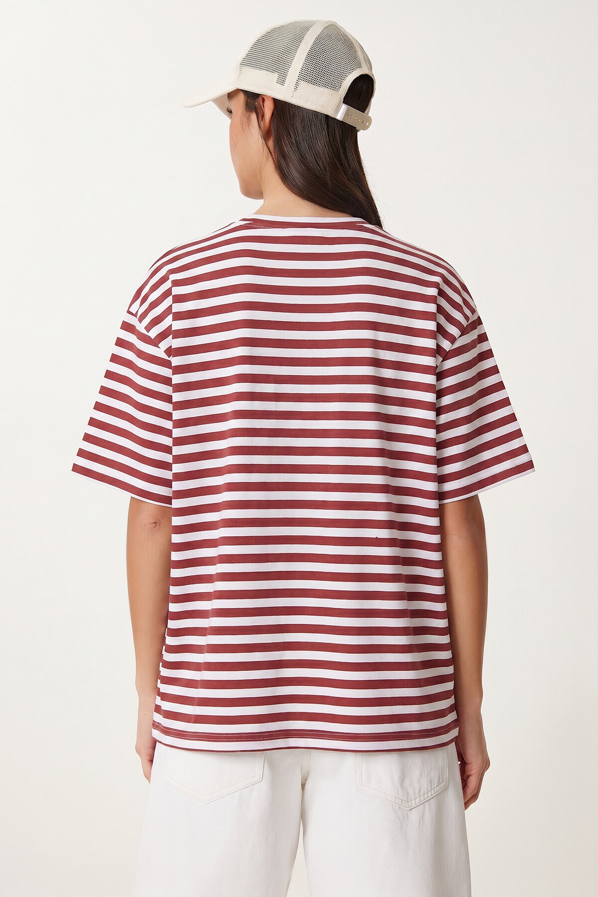 Çizgili Oversize Viskon T-shirt BORDO BEYAZ LRN0041