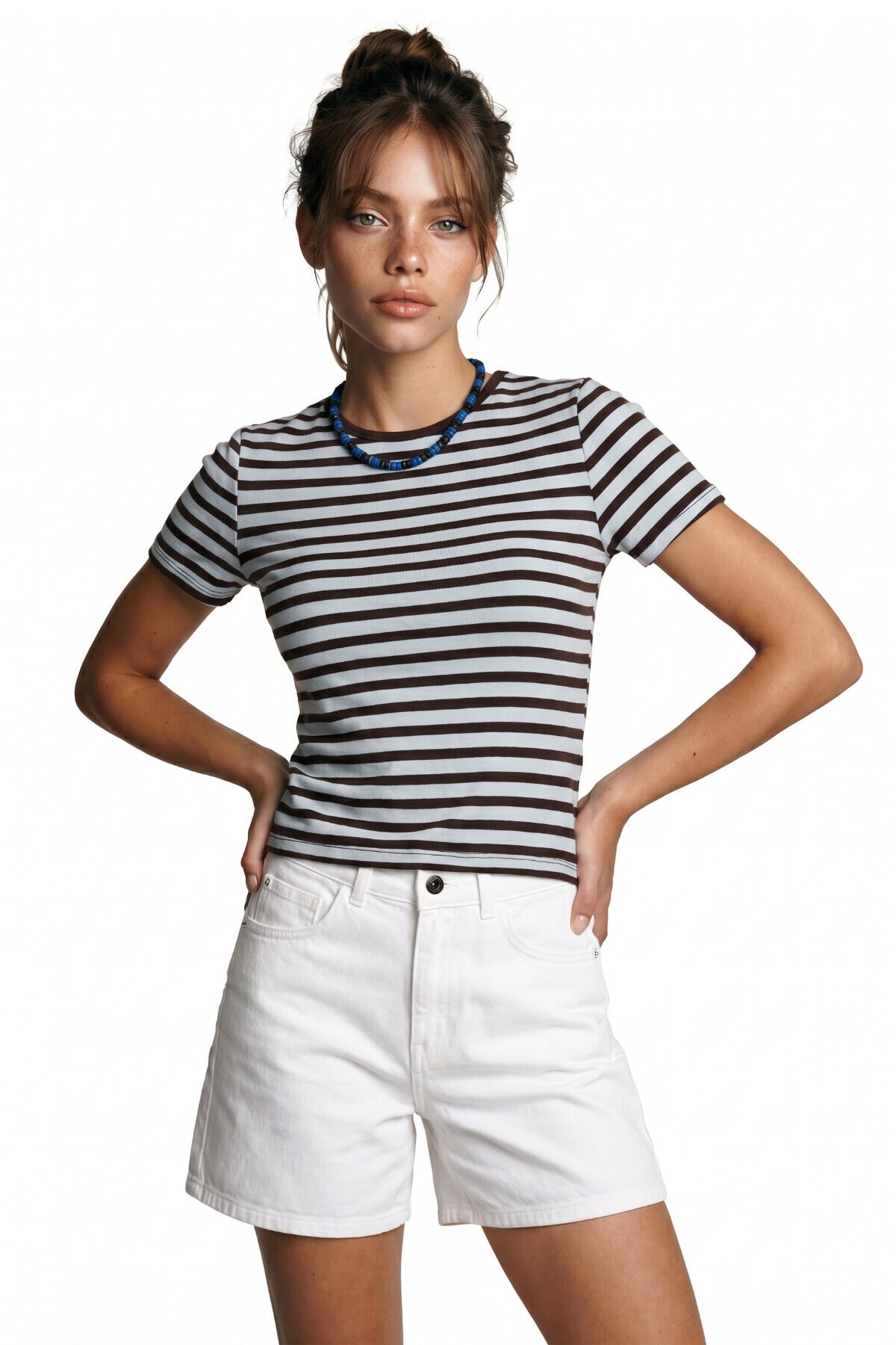 Çizgili Pamuklu Örme T-shirt GÖK MAVİ KAHVERENGİ LUB0386