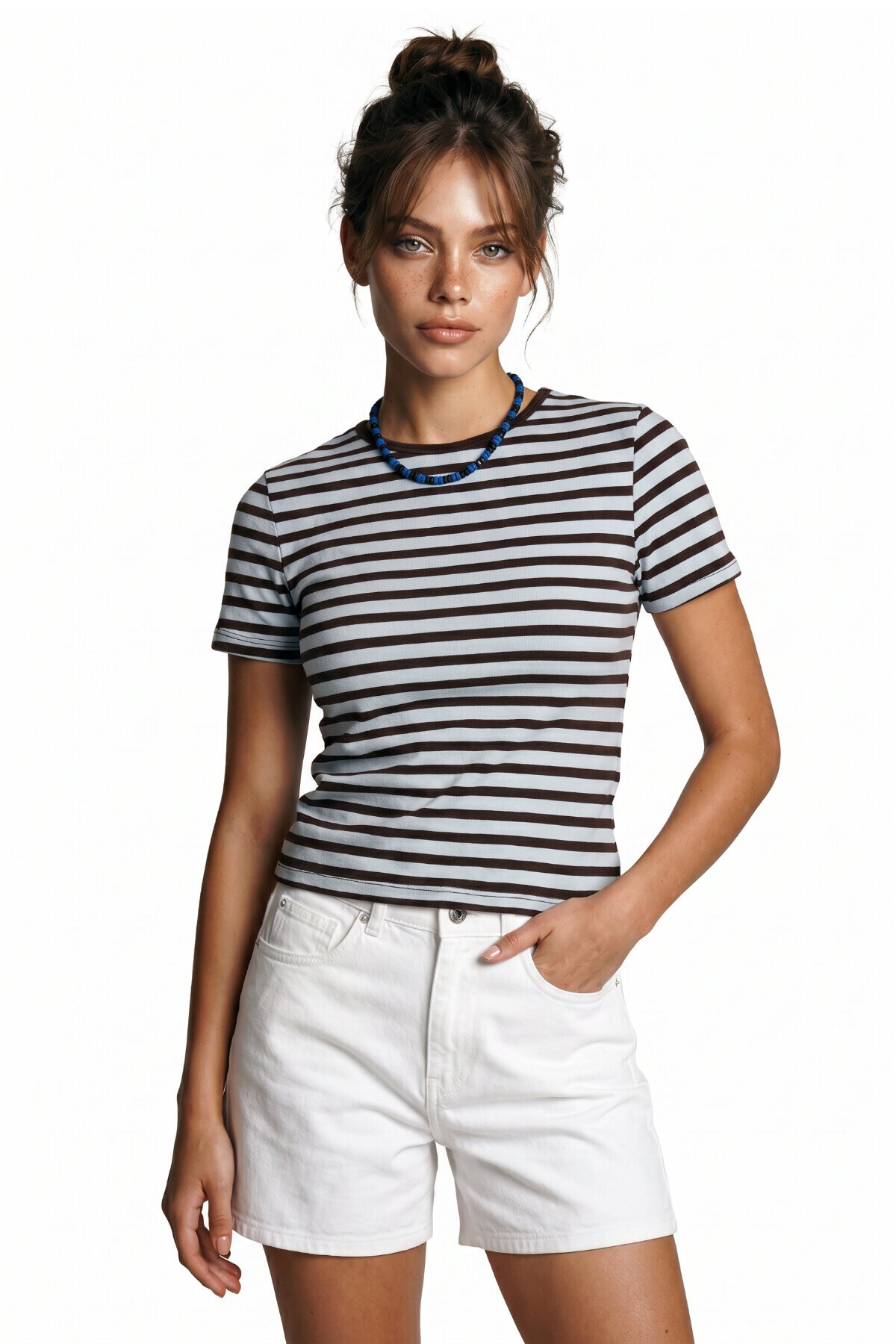 Çizgili Pamuklu Örme T-shirt GÖK MAVİ KAHVERENGİ LUB0386