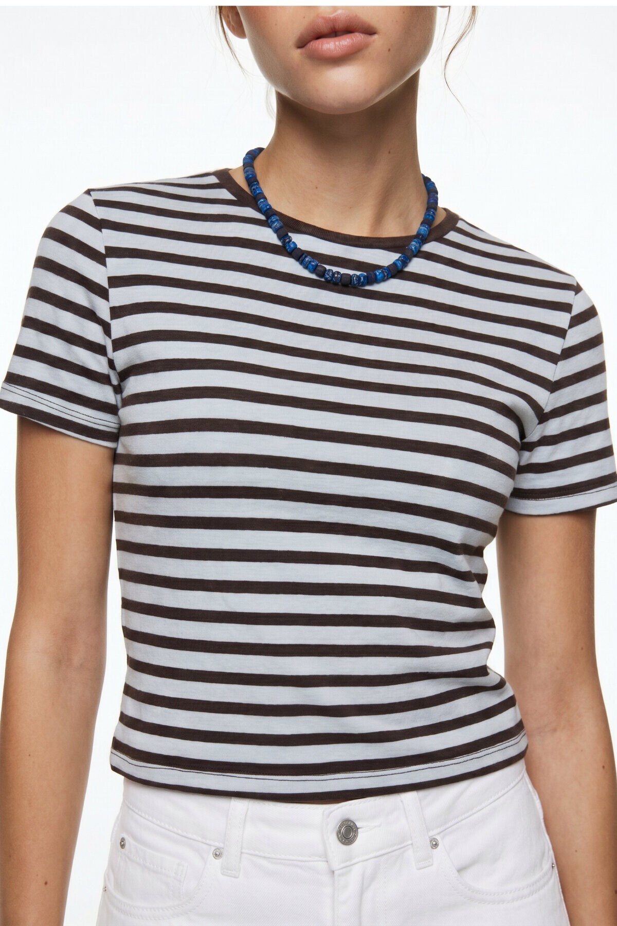 Çizgili Pamuklu Örme T-shirt GÖK MAVİ KAHVERENGİ LUB0386