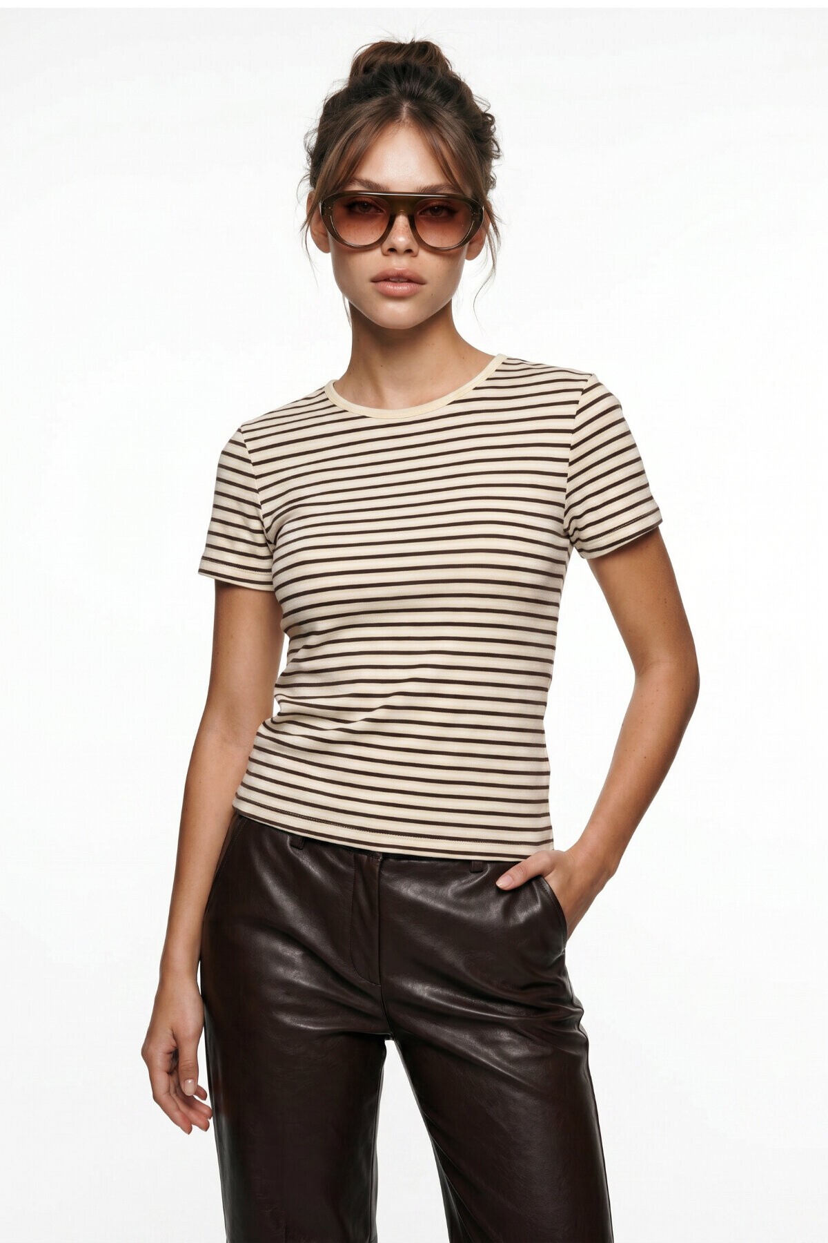 Çizgili Pamuklu Örme T-shirt SARI KAHVERENGİ LUB0386
