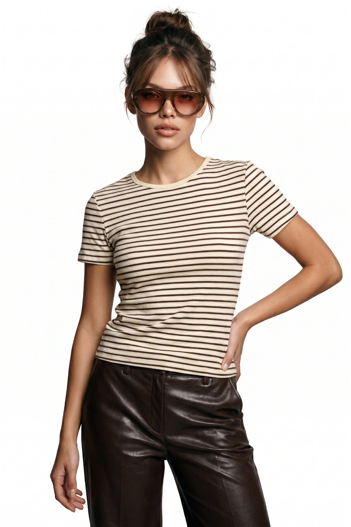 Çizgili Pamuklu Örme T-shirt SARI KAHVERENGİ LUB0386