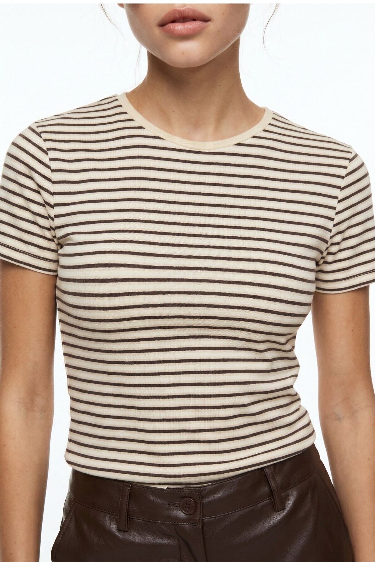 Çizgili Pamuklu Örme T-shirt SARI KAHVERENGİ LUB0386
