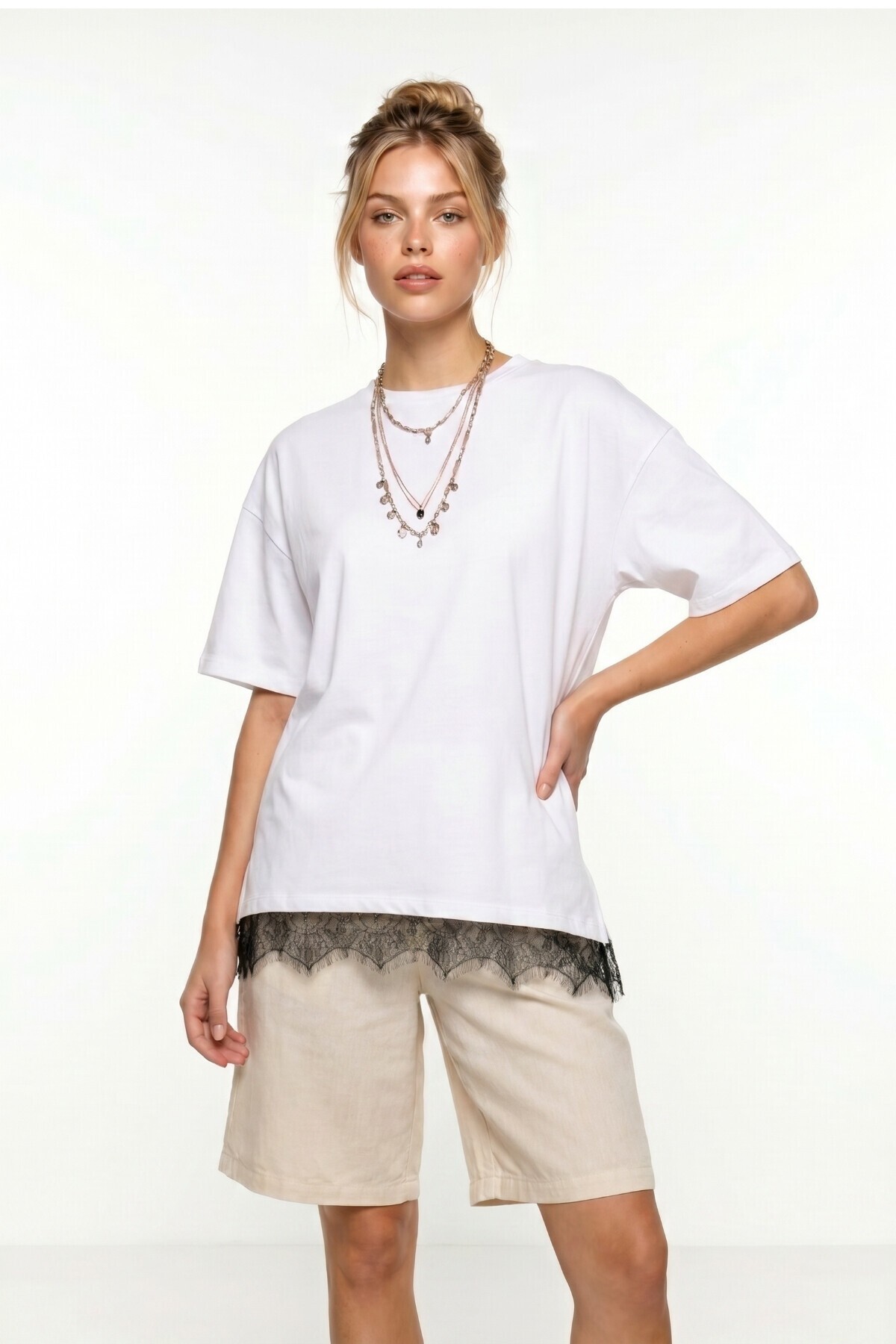Dantel Detaylı Oversize Örme T-shirt BEYAZ LUB0377