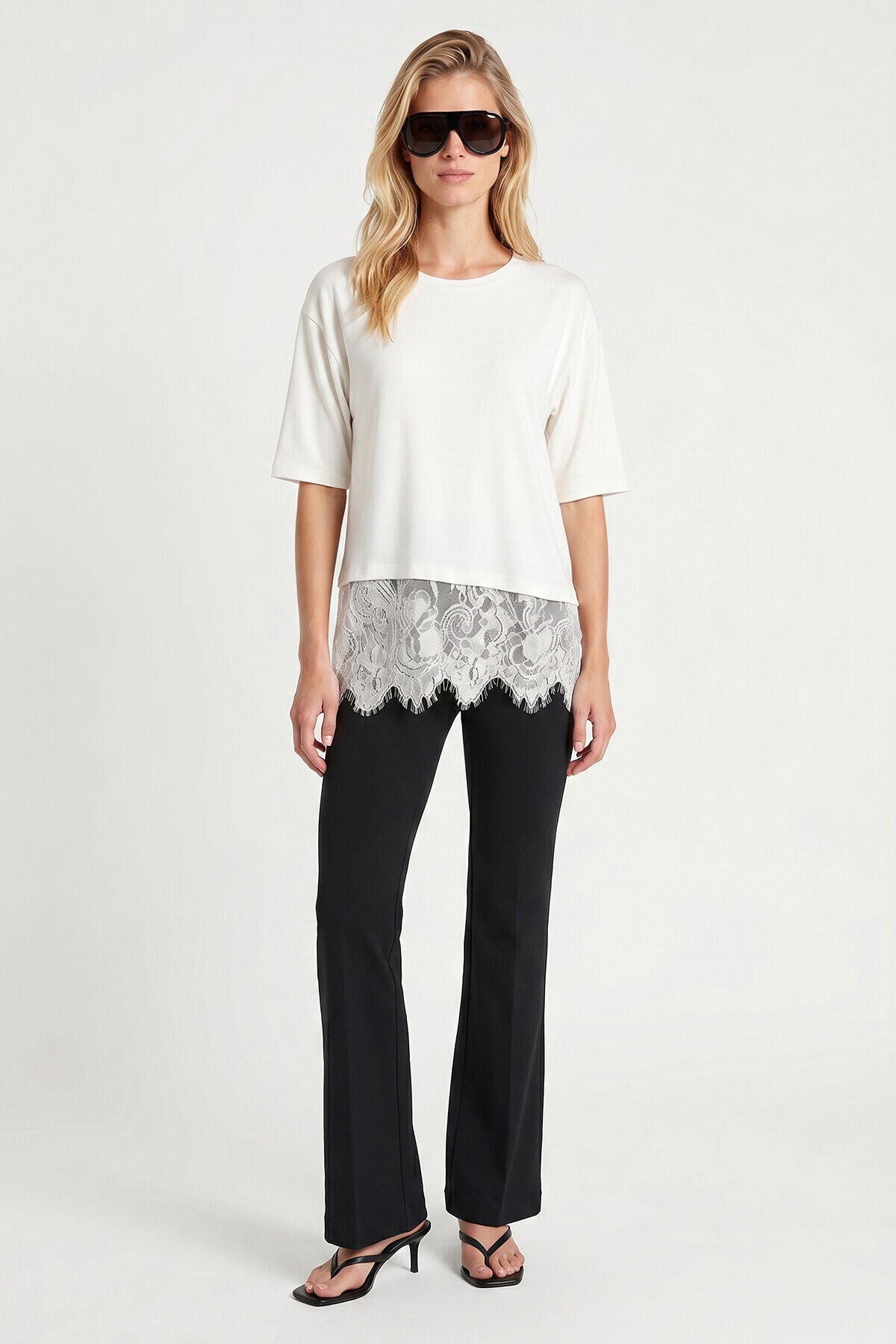 Dantel Detaylı Oversize Örme T-shirt EKRU LRN0056
