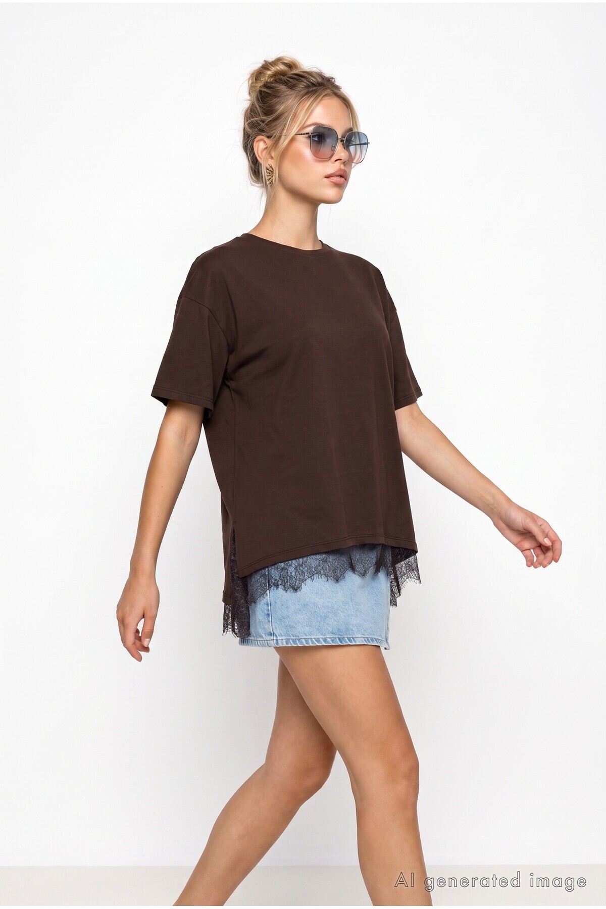 Dantel Detaylı Oversize Örme T-shirt KAHVERENGİ LUB0377