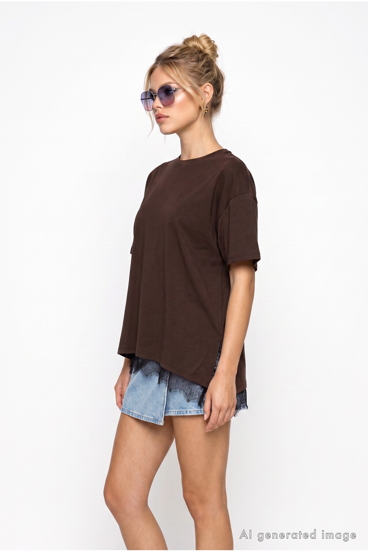 Dantel Detaylı Oversize Örme T-shirt KAHVERENGİ LUB0377