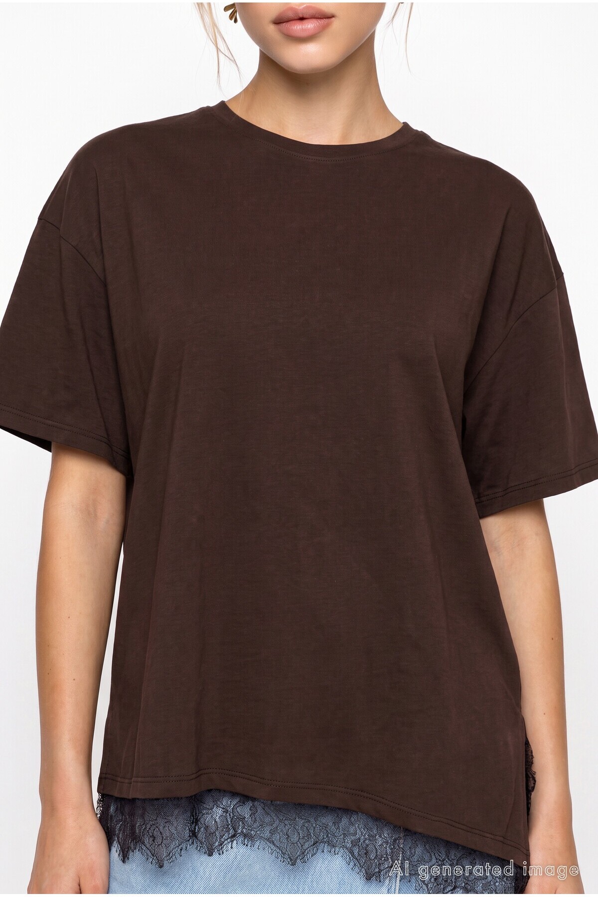 Dantel Detaylı Oversize Örme T-shirt KAHVERENGİ LUB0377