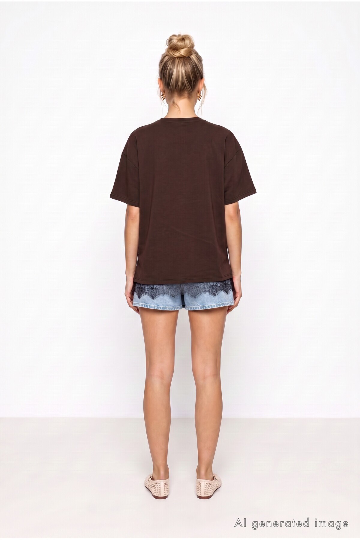 Dantel Detaylı Oversize Örme T-shirt KAHVERENGİ LUB0377