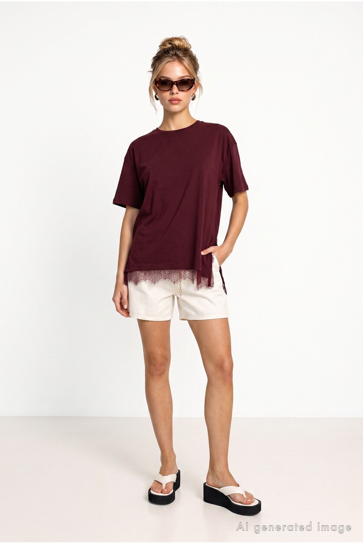 Dantel Detaylı Oversize Örme T-shirt MÜRDÜM LUB0377