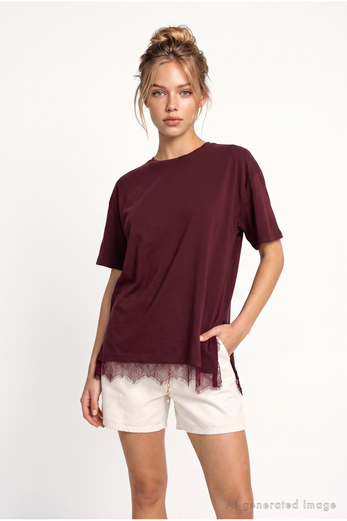 Dantel Detaylı Oversize Örme T-shirt MÜRDÜM LUB0377