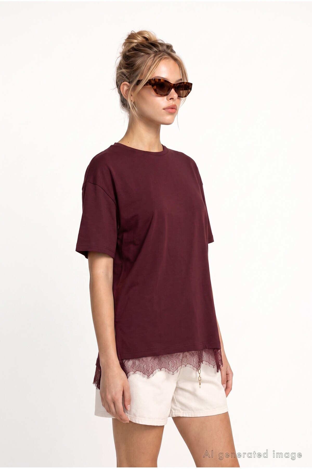 Dantel Detaylı Oversize Örme T-shirt MÜRDÜM LUB0377