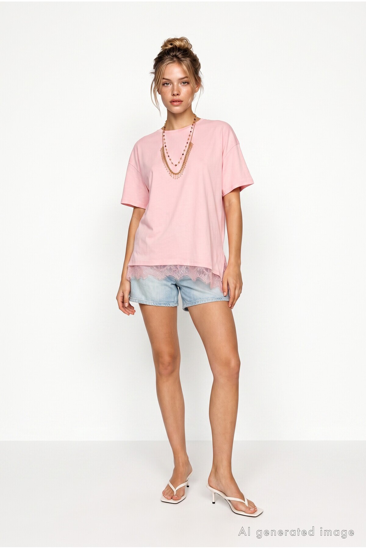 Dantel Detaylı Oversize Örme T-shirt ŞEKER PEMBE LUB0377