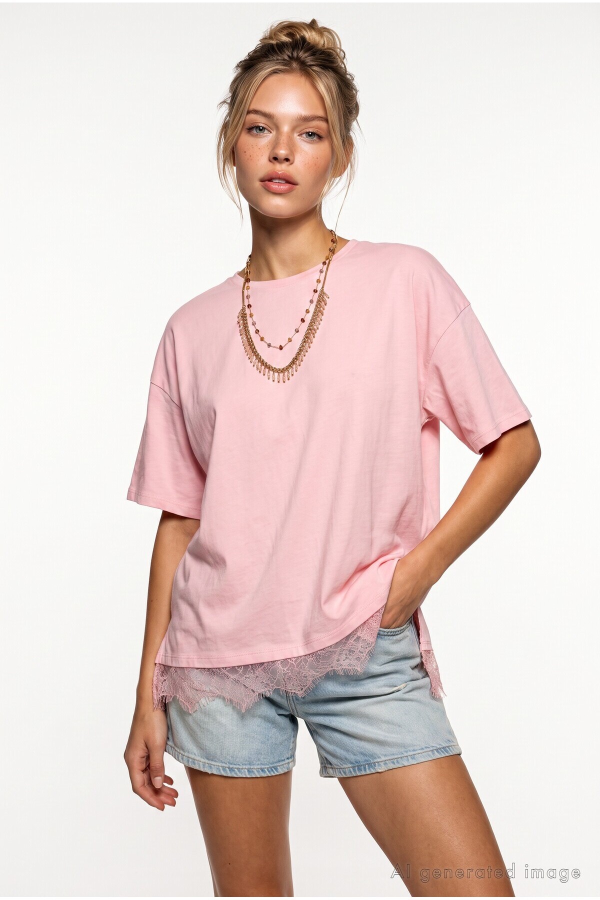 Dantel Detaylı Oversize Örme T-shirt ŞEKER PEMBE LUB0377