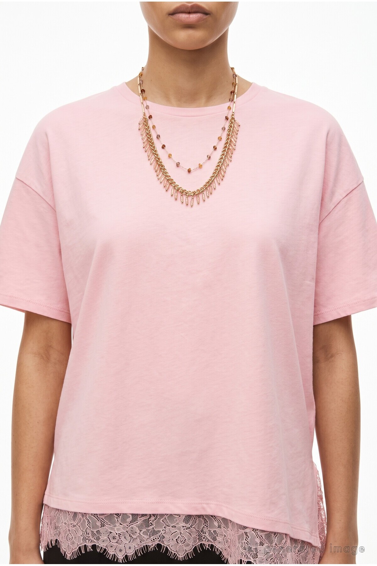 Dantel Detaylı Oversize Örme T-shirt ŞEKER PEMBE LUB0377