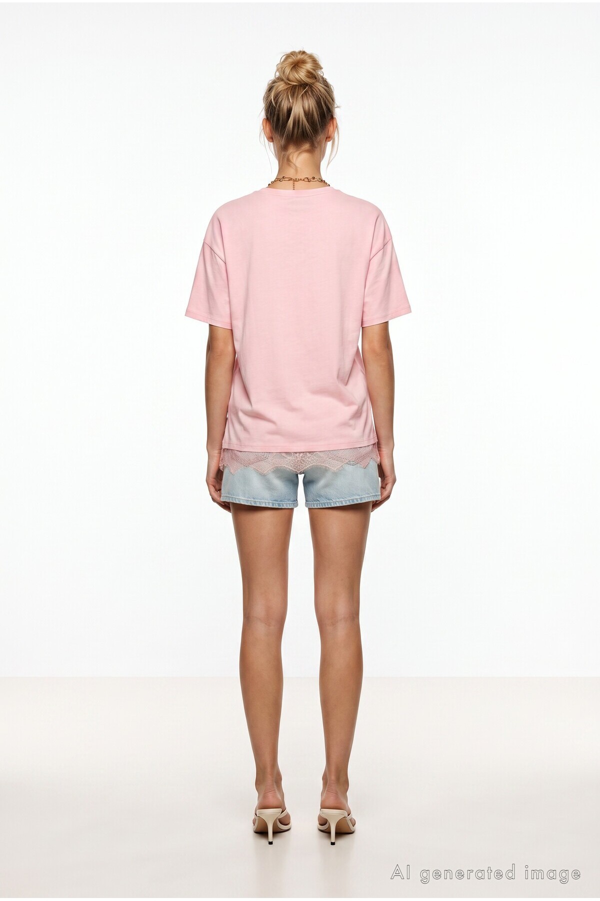 Dantel Detaylı Oversize Örme T-shirt ŞEKER PEMBE LUB0377