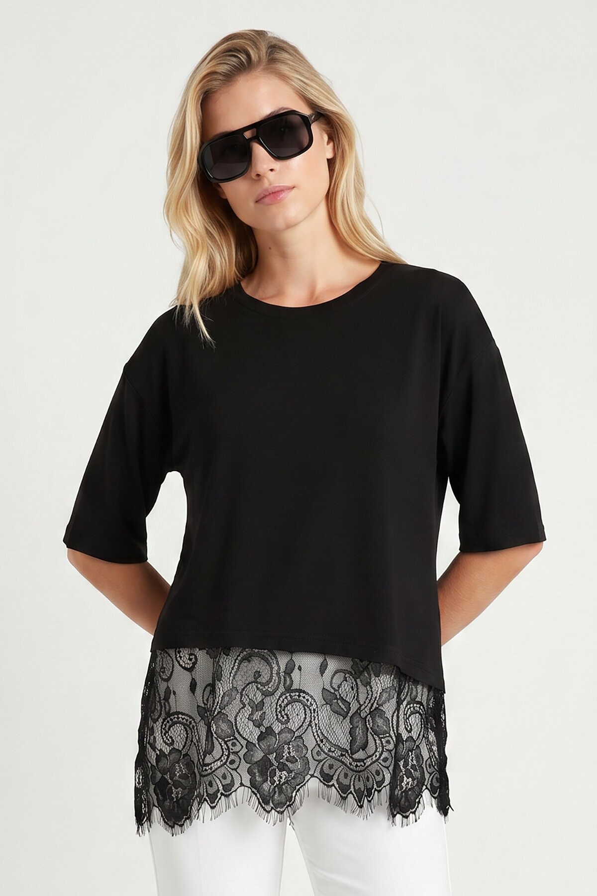 Dantel Detaylı Oversize Örme T-shirt SİYAH LRN0056