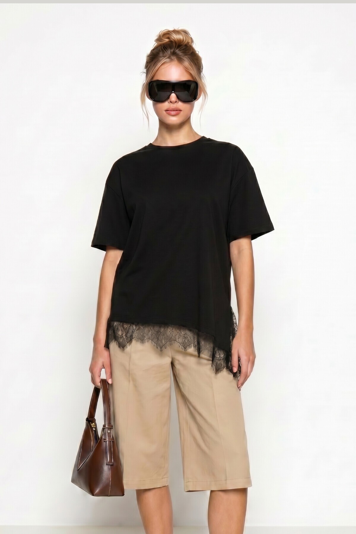 Dantel Detaylı Oversize Örme T-shirt SİYAH LUB0377