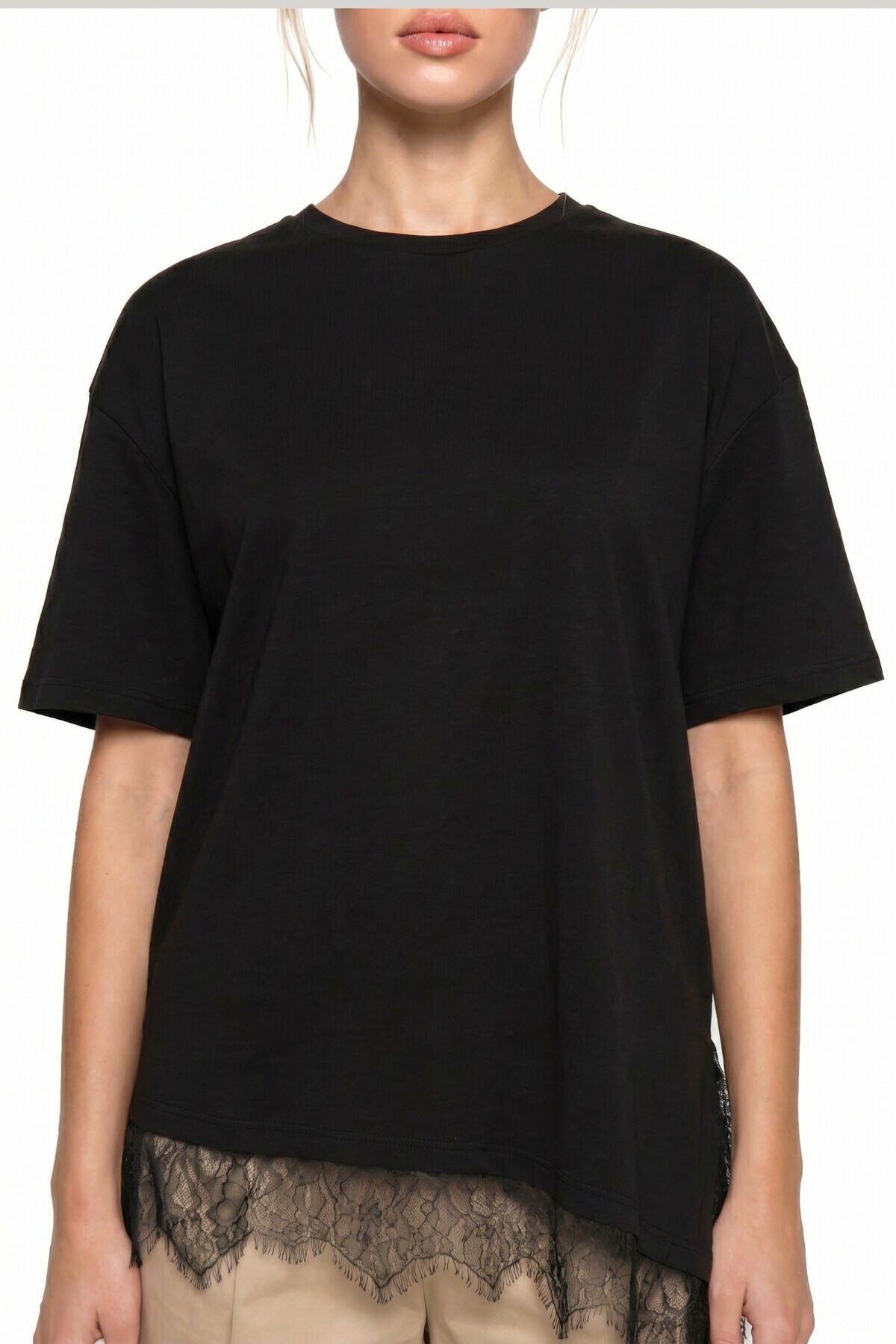 Dantel Detaylı Oversize Örme T-shirt SİYAH LUB0377