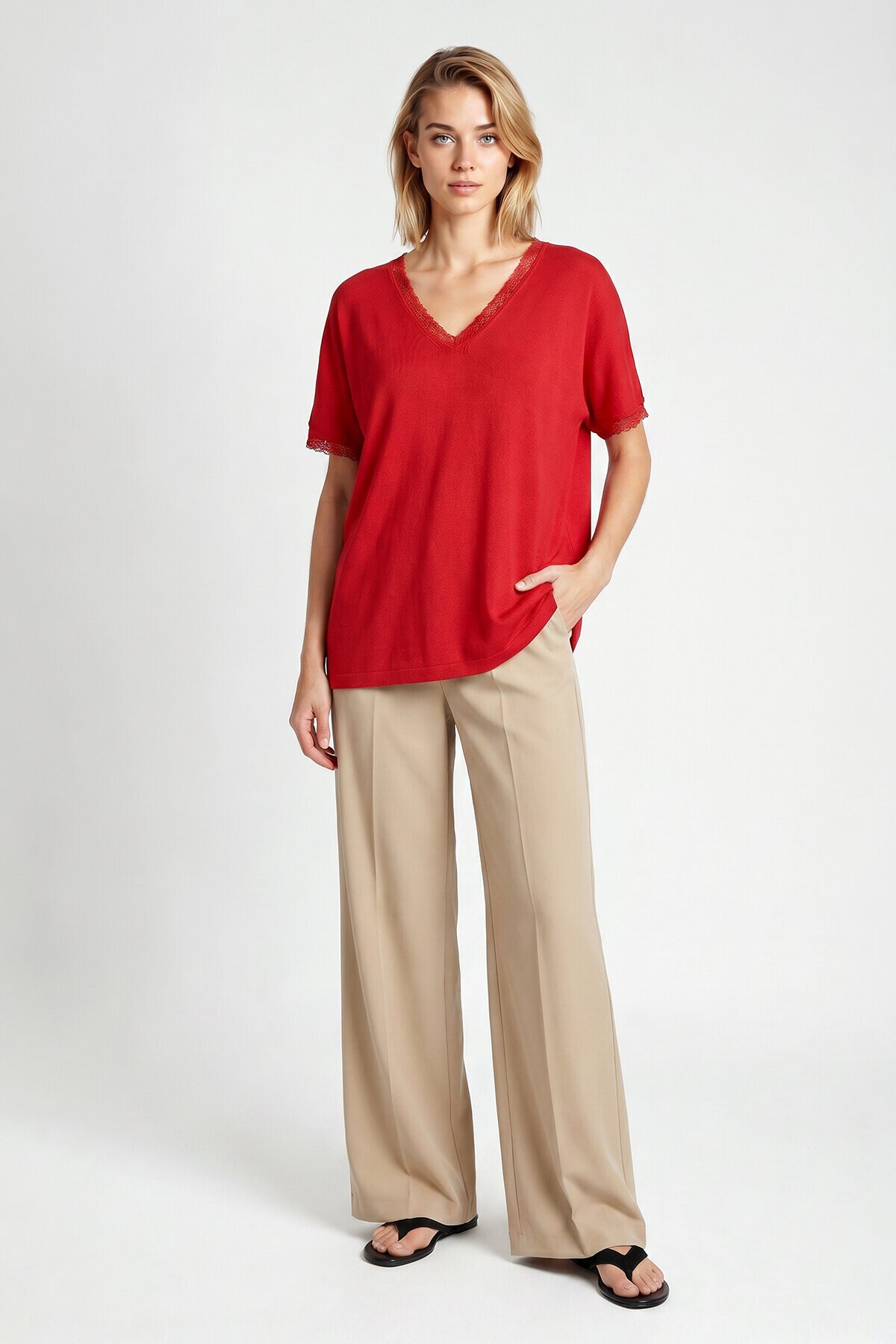 Dantelli Oversize Mevsimlik Triko Bluz KIRMIZI LYY0145