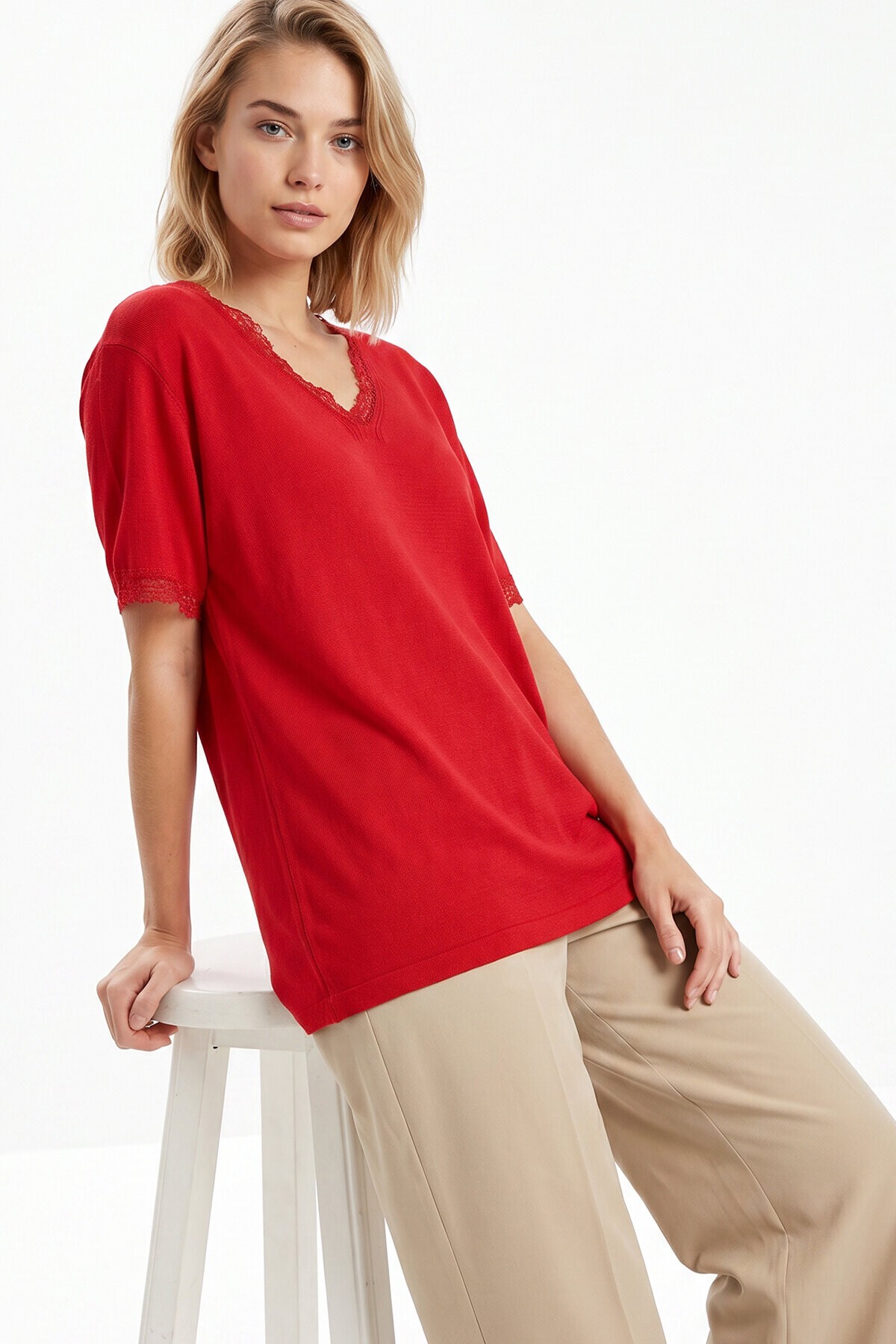 Dantelli Oversize Mevsimlik Triko Bluz KIRMIZI LYY0145