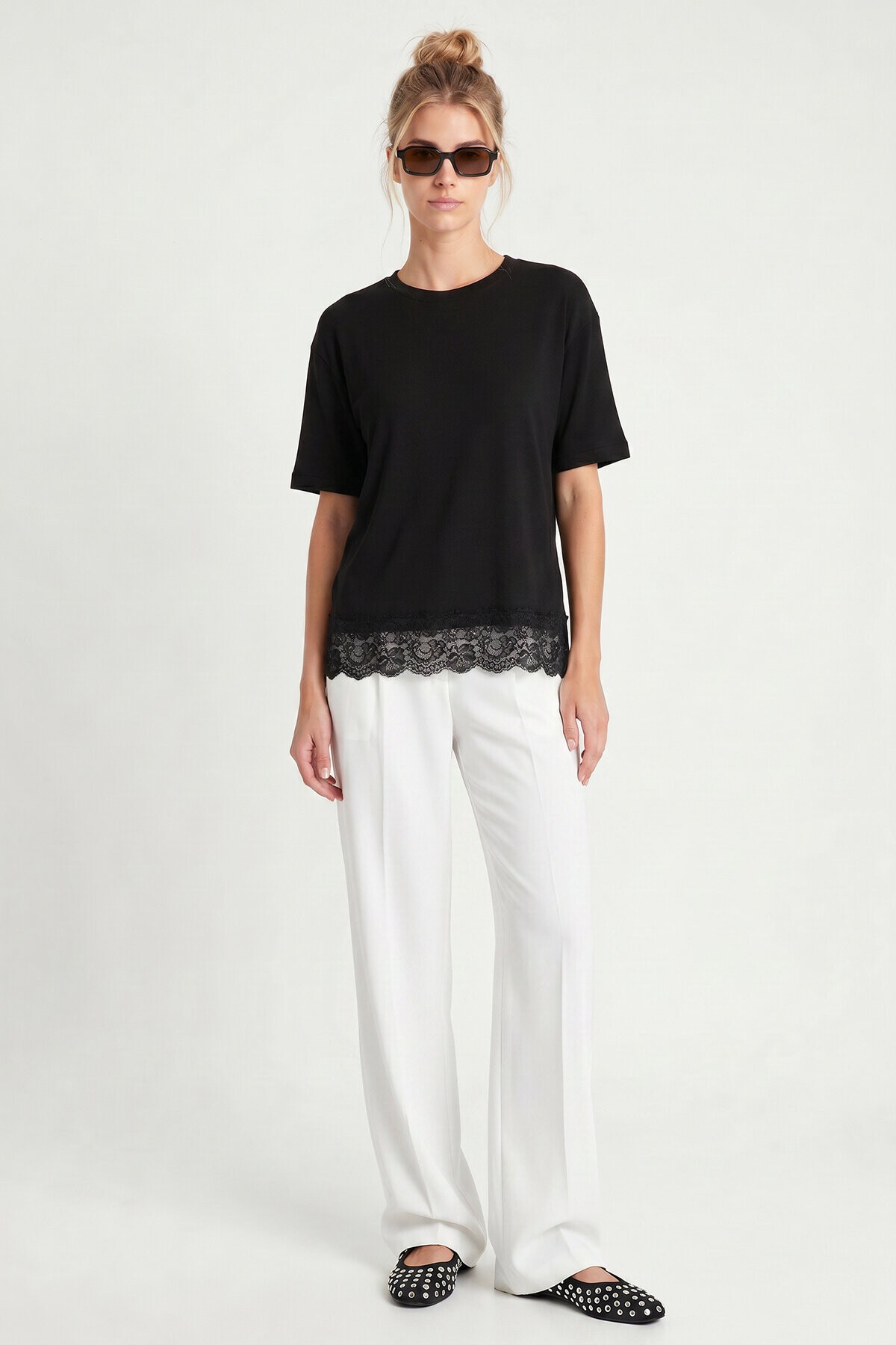 Dantelli Oversize Mevsimlik Triko Bluz SİYAH LYY0146