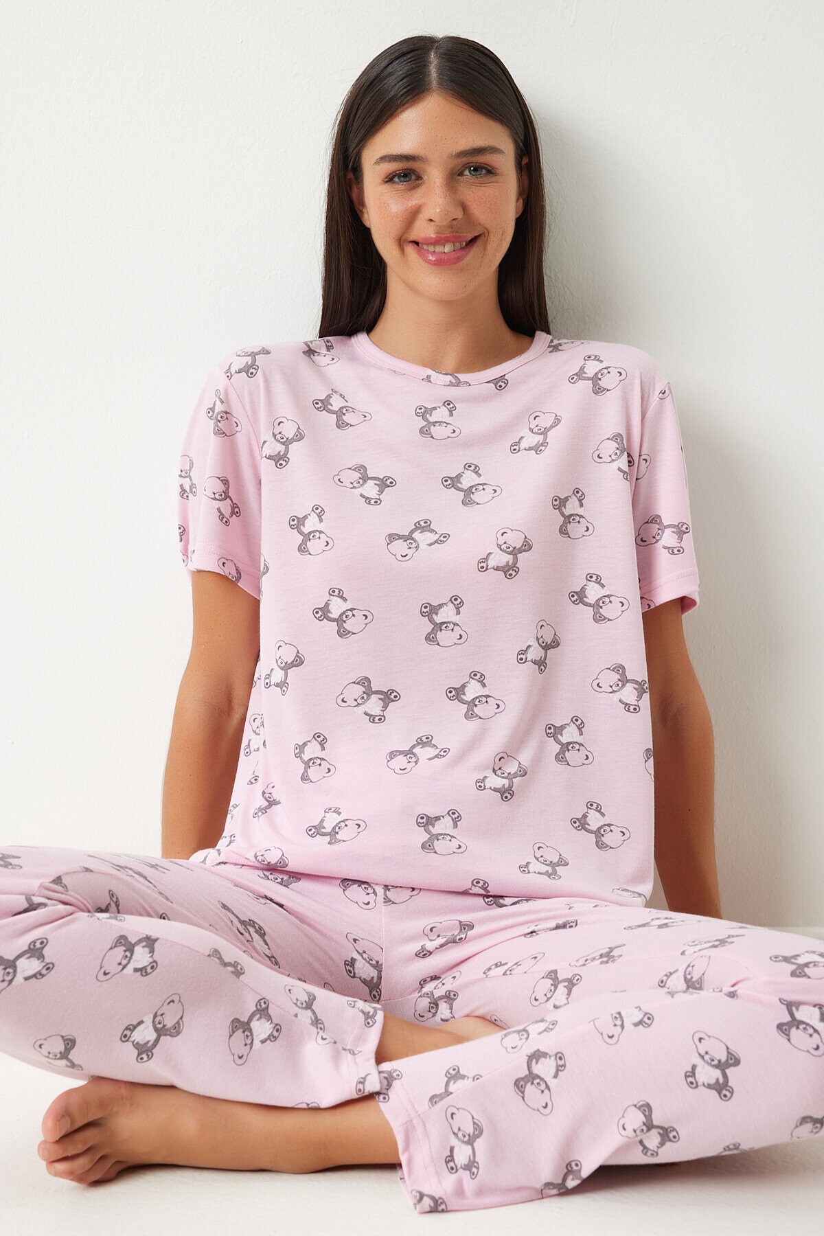 Desenli Viskon Pantolon T-shirt Pijama Takımı AÇIK PEMBE LEC0007
