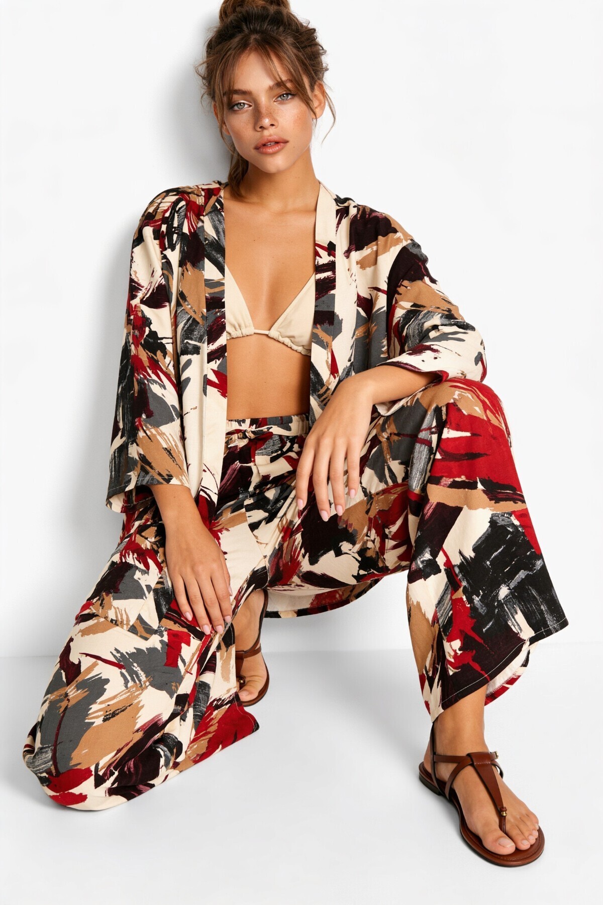 Desenli Yazlık Viskon Kimono Pantolon Takım ANTRASİT KIRMIZI LRN0013