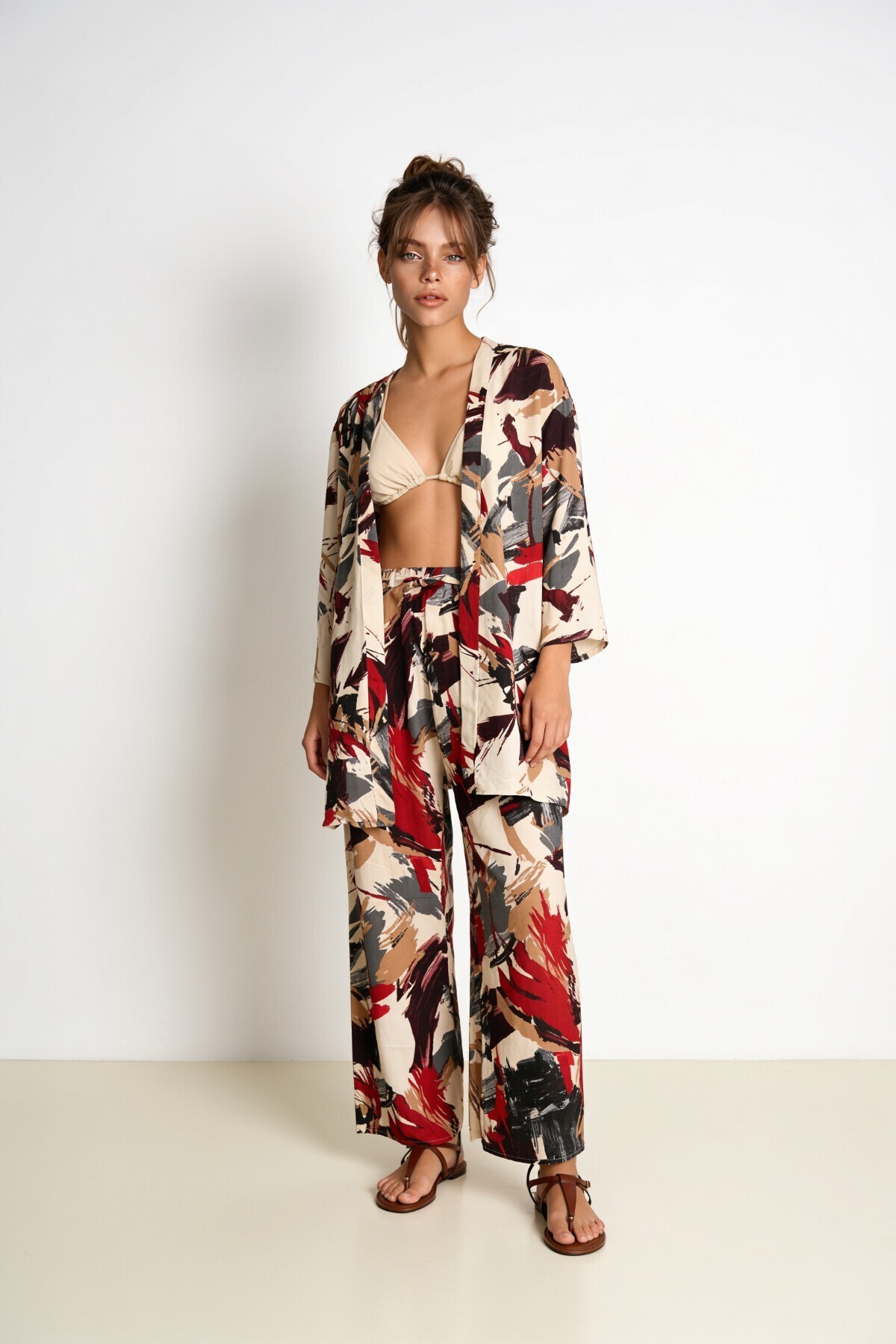 Desenli Yazlık Viskon Kimono Pantolon Takım ANTRASİT KIRMIZI LRN0013